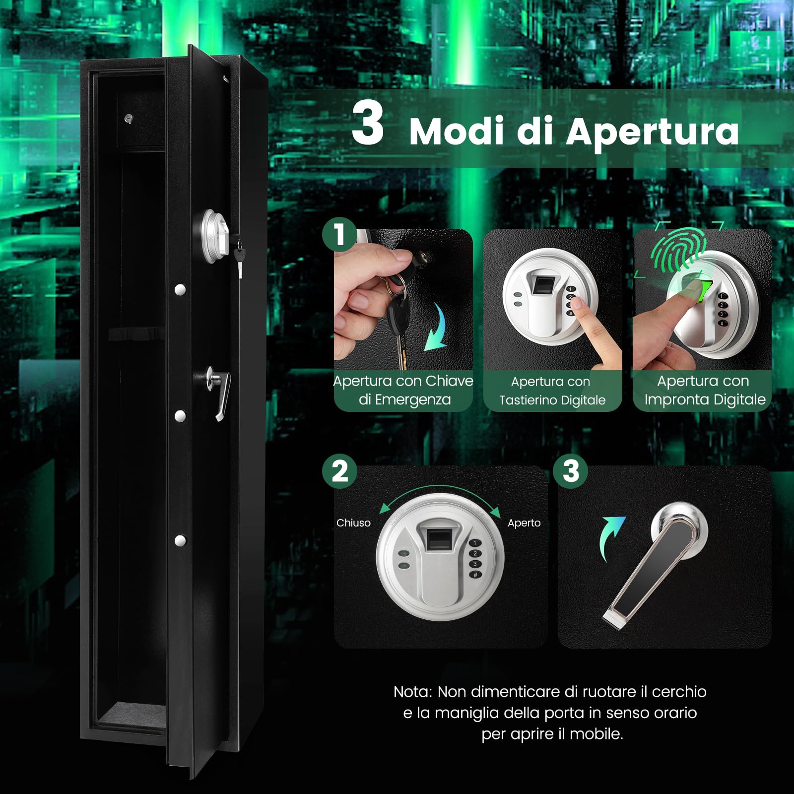 COSTWAY Cassaforte per 5 Fucili e Pistole Domestiche, Armadio per Armi Lunghe Pesante con Serratura Biometrica Impronta Digitale, Tastierino Digitale e Chiavi Emergenza, Tasca di Stoccaggio Integrata
