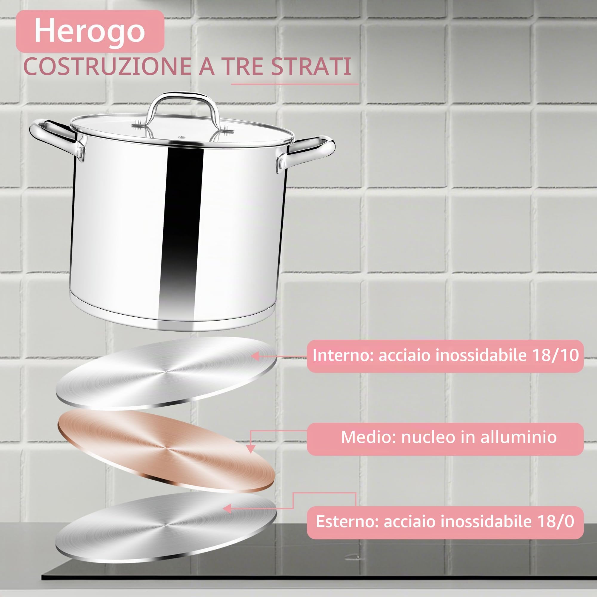 Herogo Pentola da 10 l, pentola in acciaio inossidabile con coperchio trasparente visibile, pentola a induzione da 24 cm per zuppe, fondo a tre strati per tutti i fornelli, grande capacità per stufare