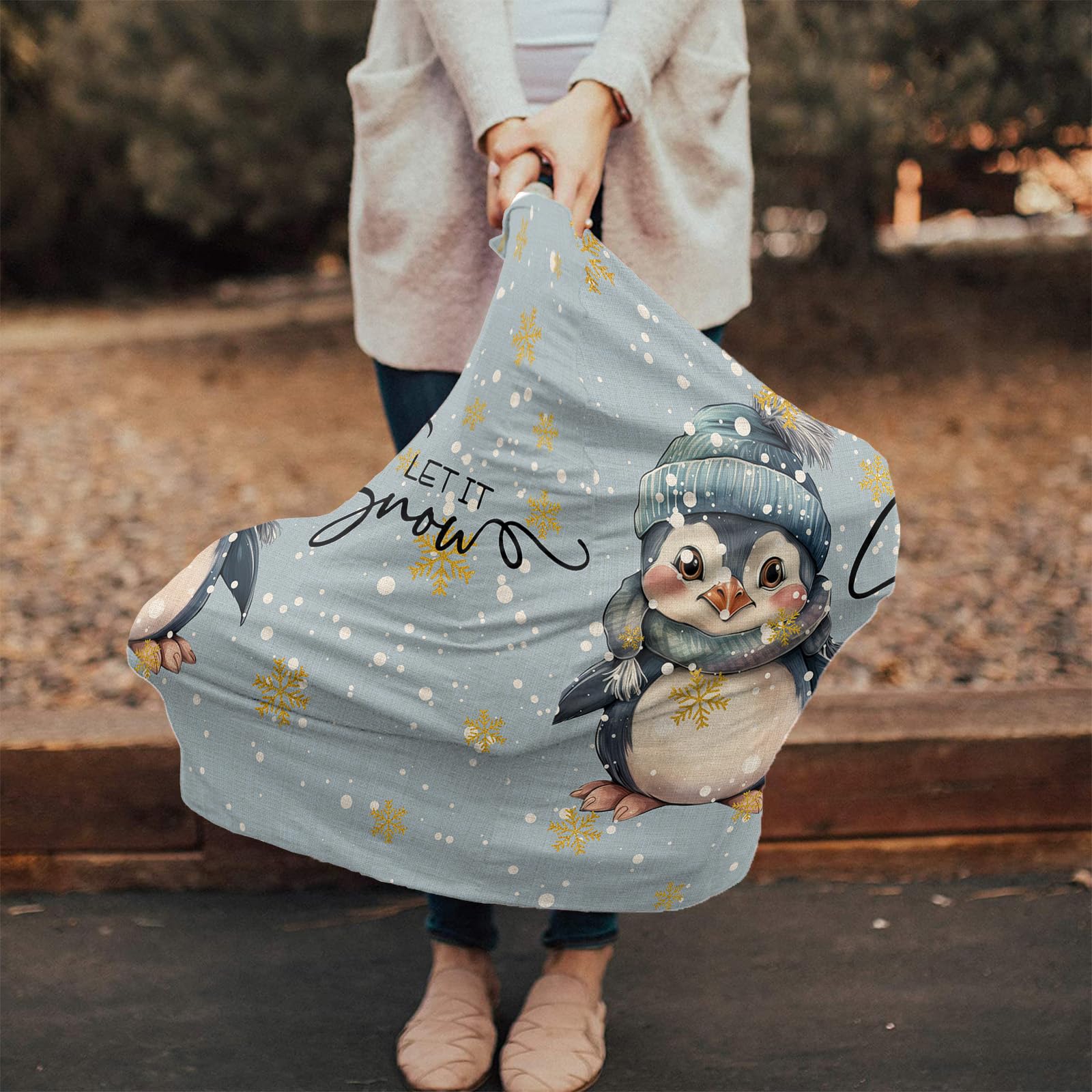 Nursing Cover for Breastfeeding Scarf, Merry Christmas Penguins Retro Blue Baby Car Covers Super Soft Multi Use for Canopy Shopping Cart Cover Blanket Stroller Cover