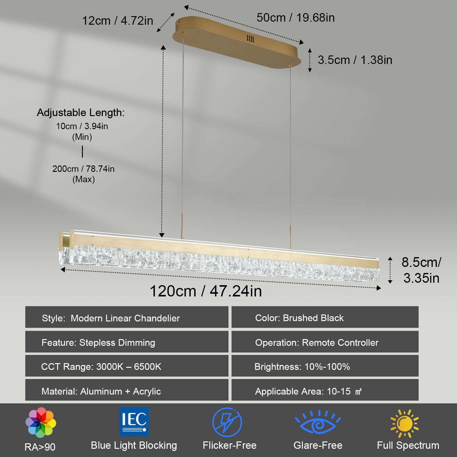 Goldene LED Pendelleuchte Moderner Kronleuchter Linear Kristall Esstischlampe Hängend Kücheninselbeleuchtung Minimalistische Dimmbare Deckenleuchte für Esszimmer mit Fernbedienung