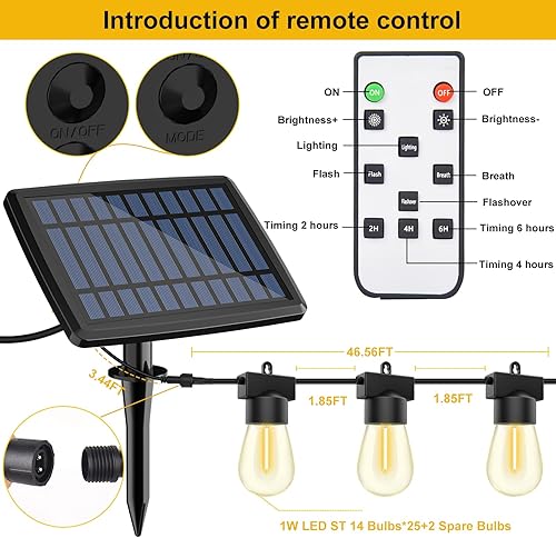 Miniatura 3 de Tira de luces solares de 50 pies para exteriores con 4 modos, luz solar para patio exterior, 25+2 bombillas mejoradas, control remoto y puerto USB,