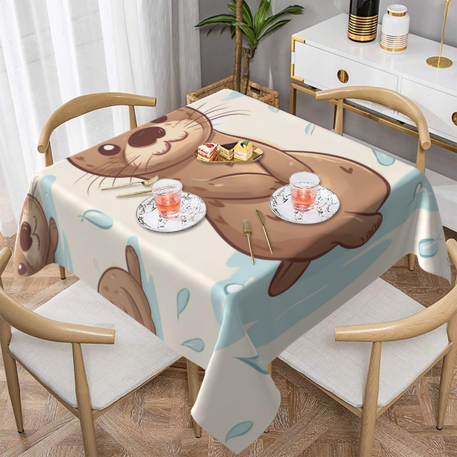 WPKJU Cartoon Cute Otter Printed Square Tablecloth 60x60 inch Water Resistant Table Cover Washable Rectangle Table Cloth for Dining Tables