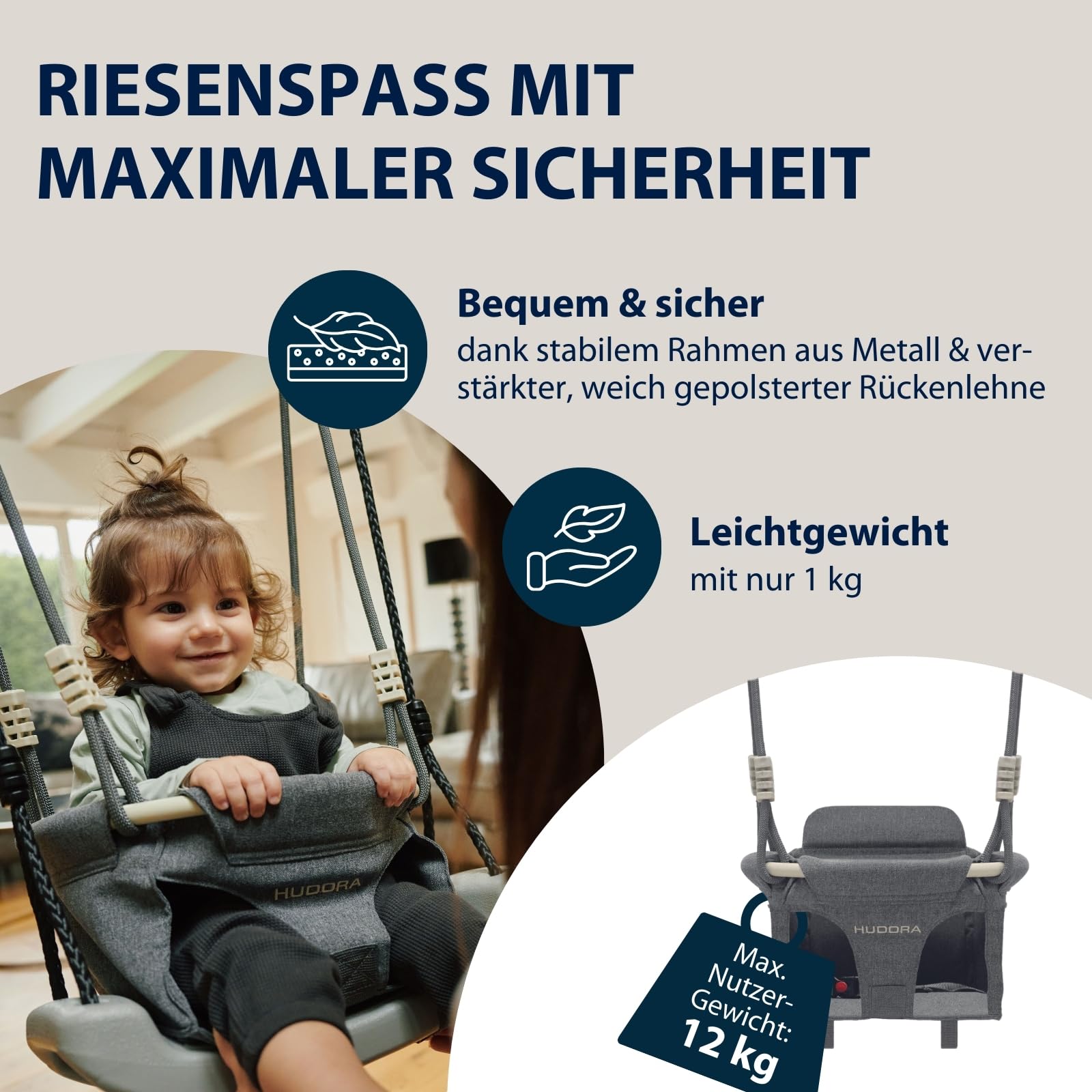 HUDORA Schaukelaufsatz Toddler - Hochwertige Babyschaukel inkl. Transporttasche - Stabile Outdoor-Schaukel mit gepolsterter Rückenlehne & Anschnallgurt - Kleinkind-Schaukelsitz bis 12 kg belastbar