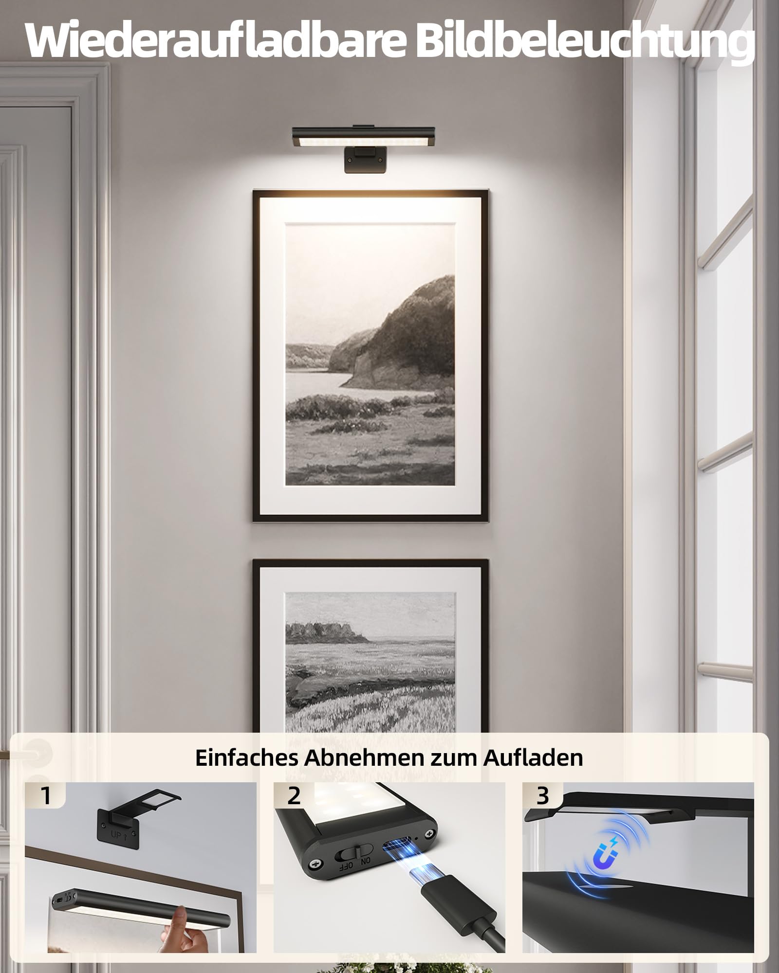 EZVALO Bildbeleuchtung Kabellos, Wandleuchte Innen LED, Fernbedienung, Dart Beleuchtung, 3 Farbtemperaturen, integrierter 2400mAh Akku, Magnetische Bilderleuchte für Gemälde, Foto (Schwarz, 2 Stück)