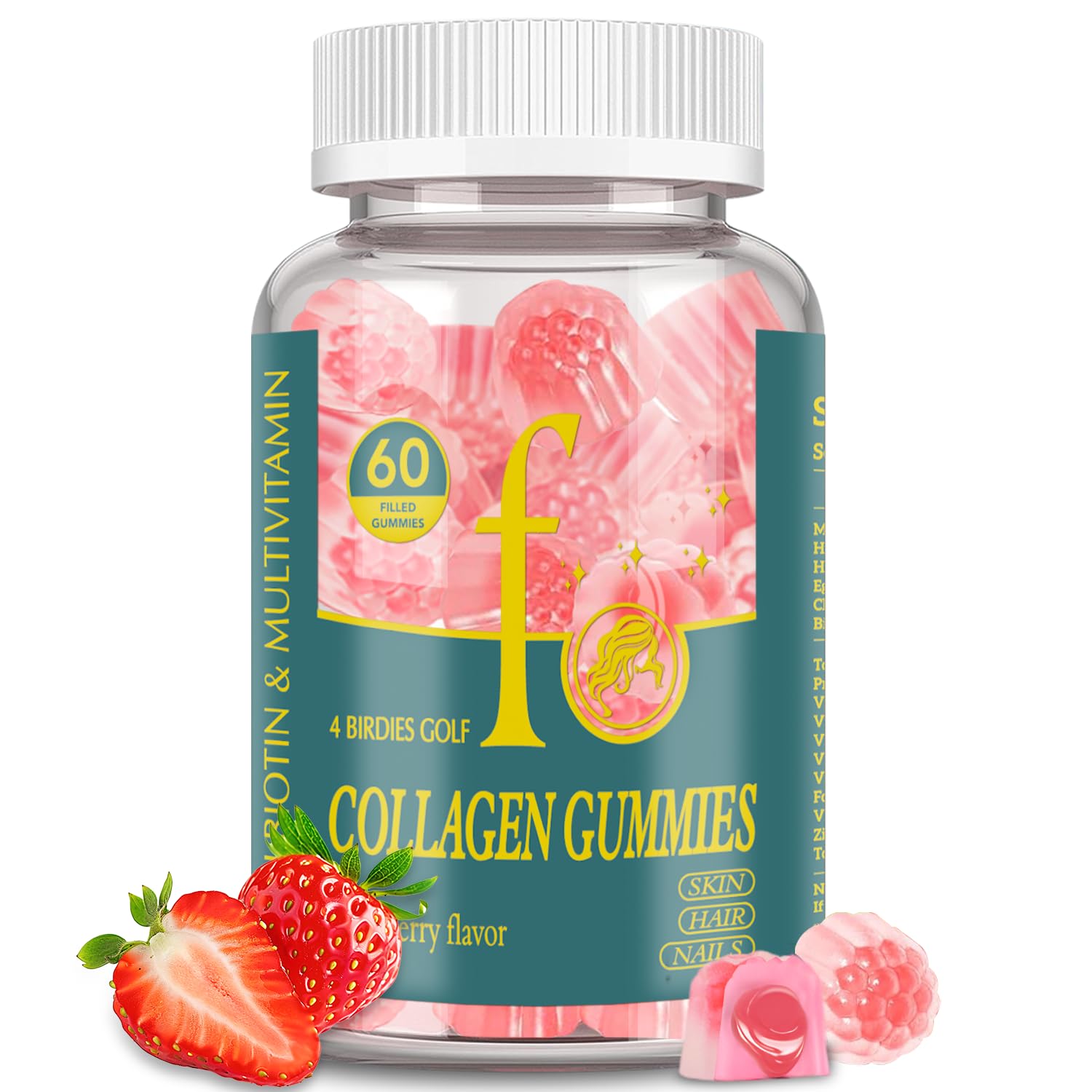 4 BIRDIES GOLF Gomas de Colágeno Hidrolisado com Biotina, Zinco e Vitaminas A, B, C, D e E, 60 gomas