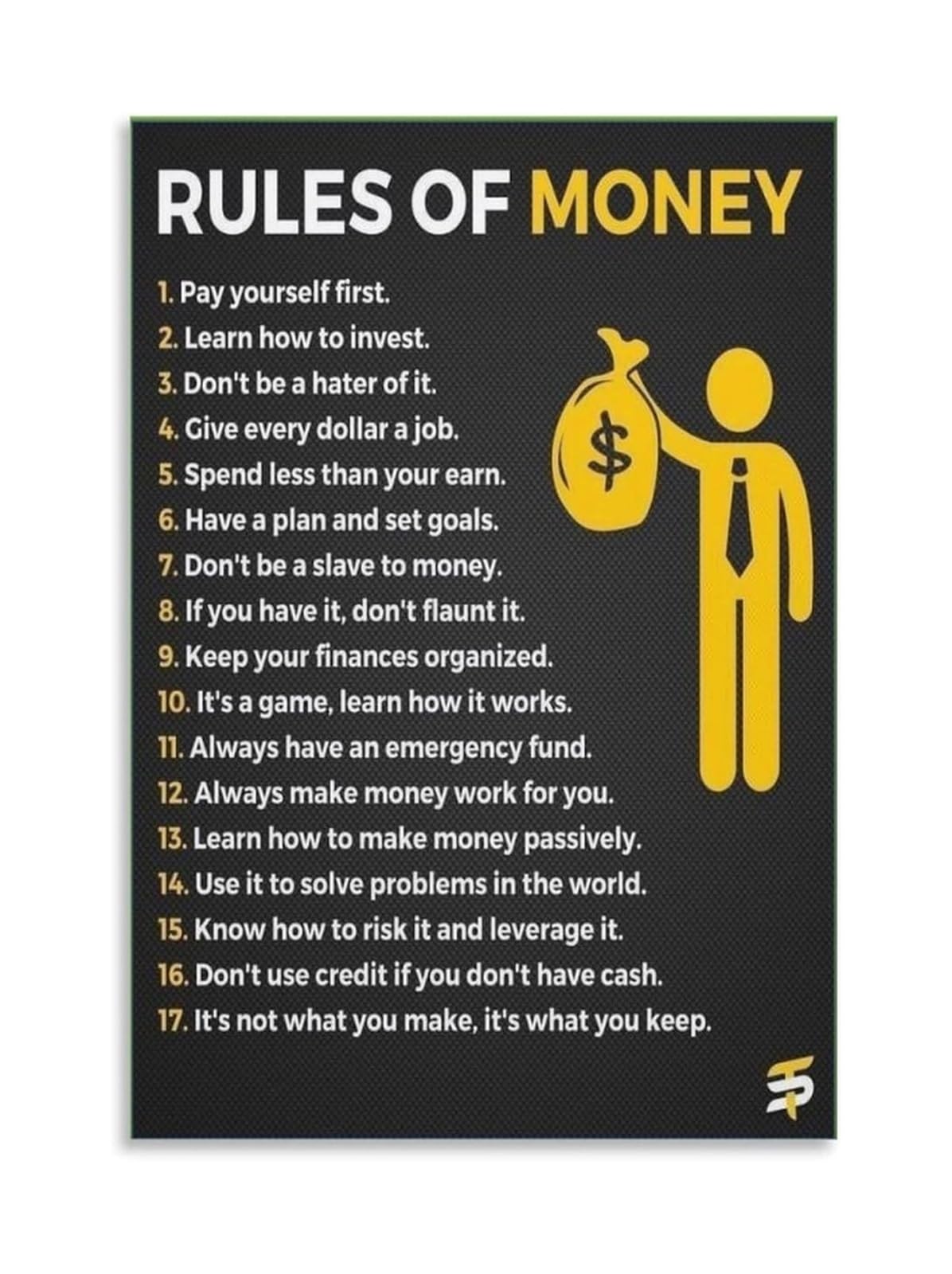 NWPNLXEA Money Management Poster Rules of Money Financial Independence Guide Wealth Building Principles Pay Yourself First Live Below Your Means Canvas Wall-Art for Office Library Decor