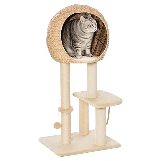 PawHut Árbol Rascador para Gatos Torre de Escalada con Plataformas Caseta Bola y Cuerda de Juego Poste de Sisal 48x40x100 cm Beige