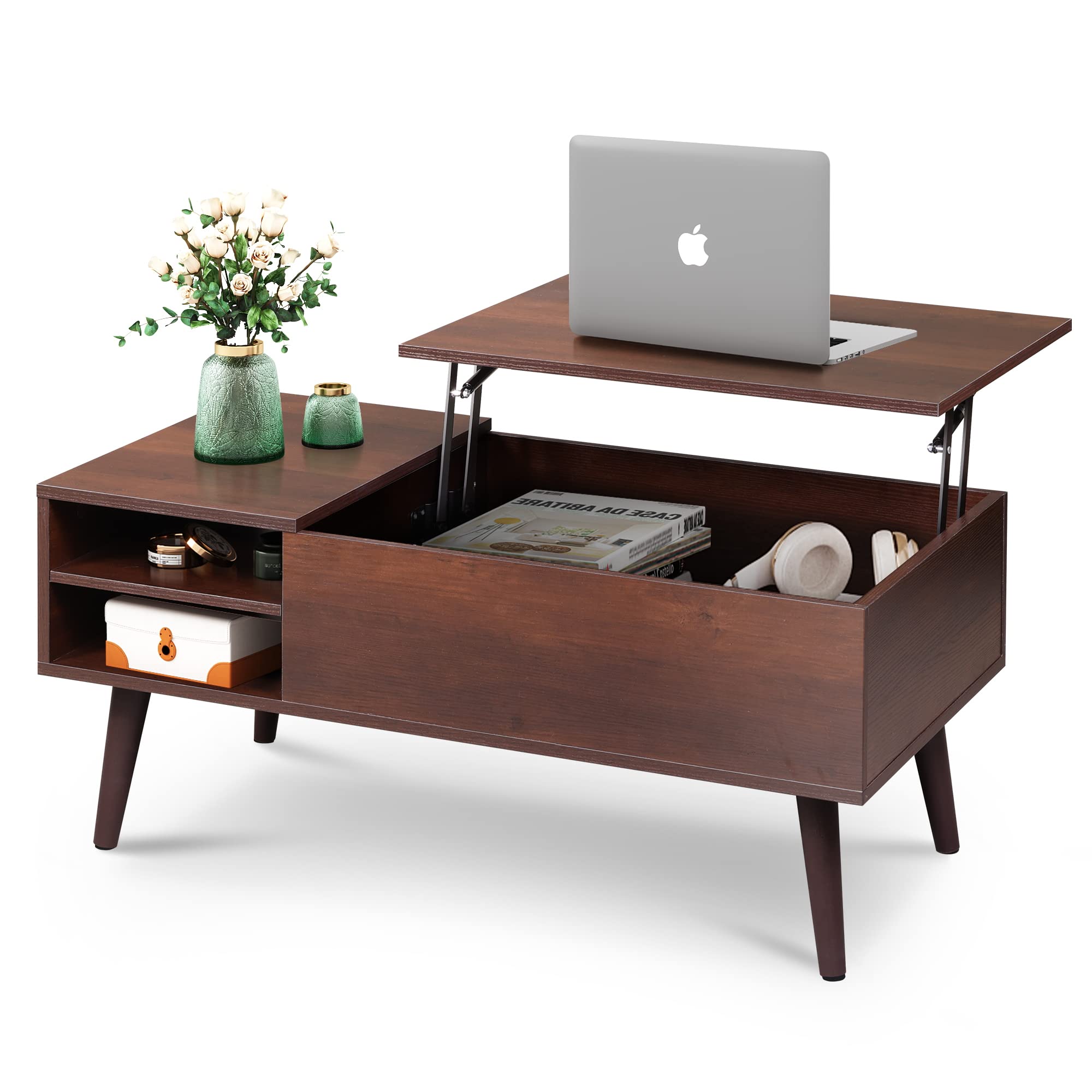 WLIVE Lift Top Coffee Table for Living Room,Small Coffee Table with Storage,Hidden Compartment and Adjustable Shelf,Mid Century Modern Coffee Table,Wood,Cherry,Espresso, 39.4"L x 19.7"W x 16.3"H