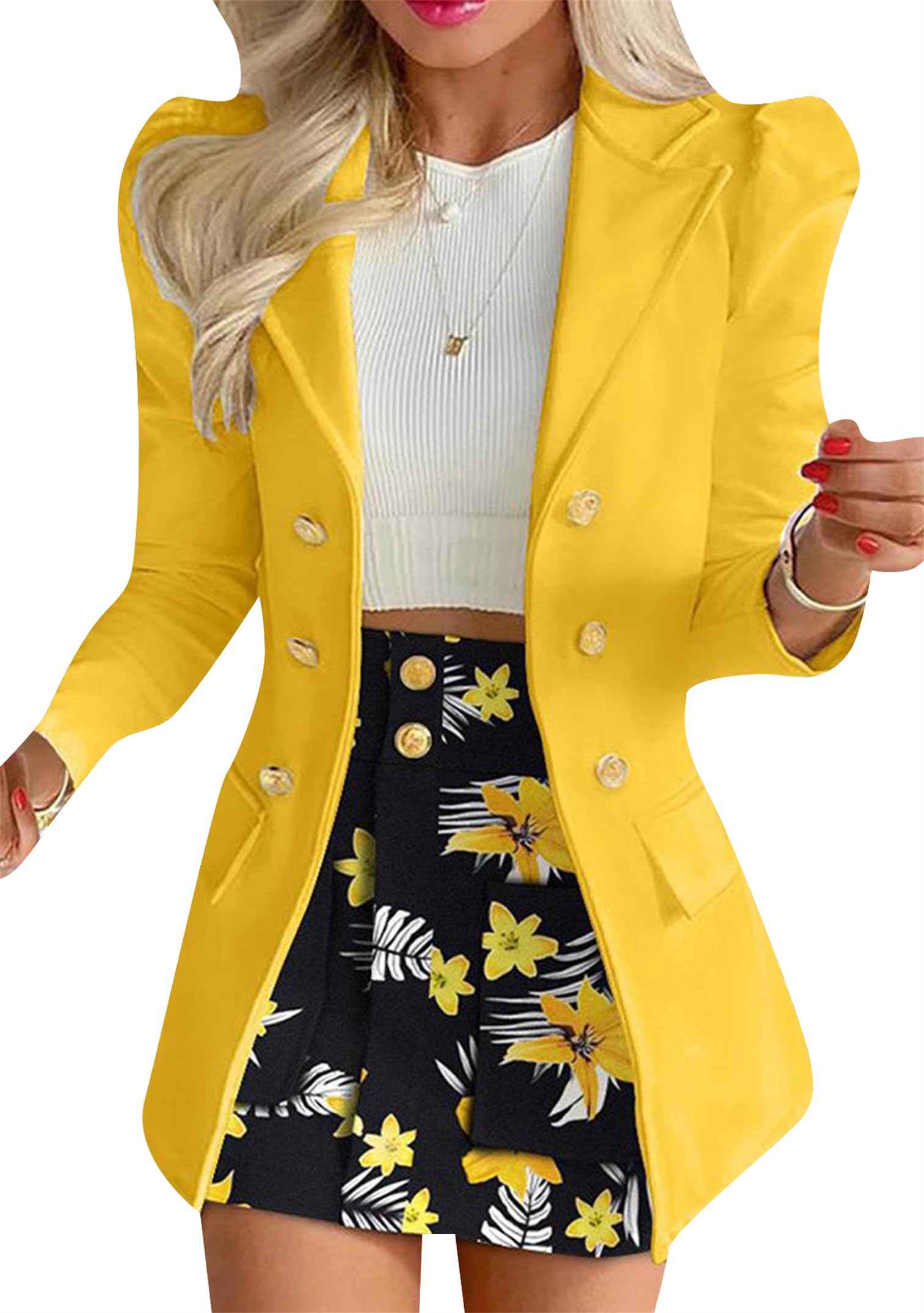 Femme Blazer Décontracté À Boutons Et Jupe De Tailleur Blazer Imprimé Et Mini-Jupe Ensemble Deux Pièces À Revers Et Double Boutonnage