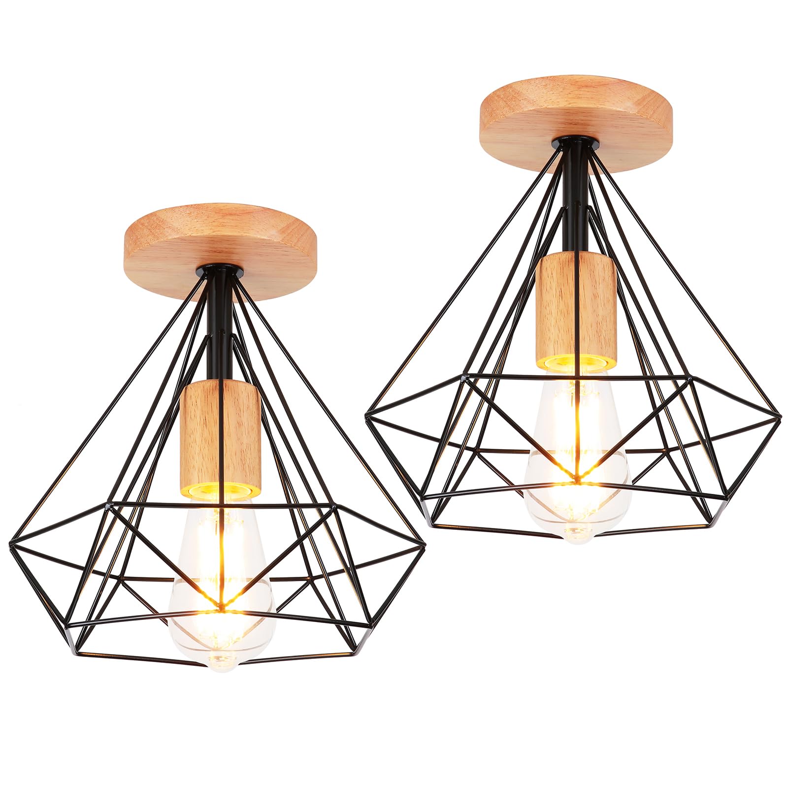 STOEX Plafonnier Vintage Industriel Design Bois et Métal Cage forme Diamant 25CM E27 LED Luminaire Eclairage pour Salon Cuisine Chambre Déco (2pcs Noir avec bois)
