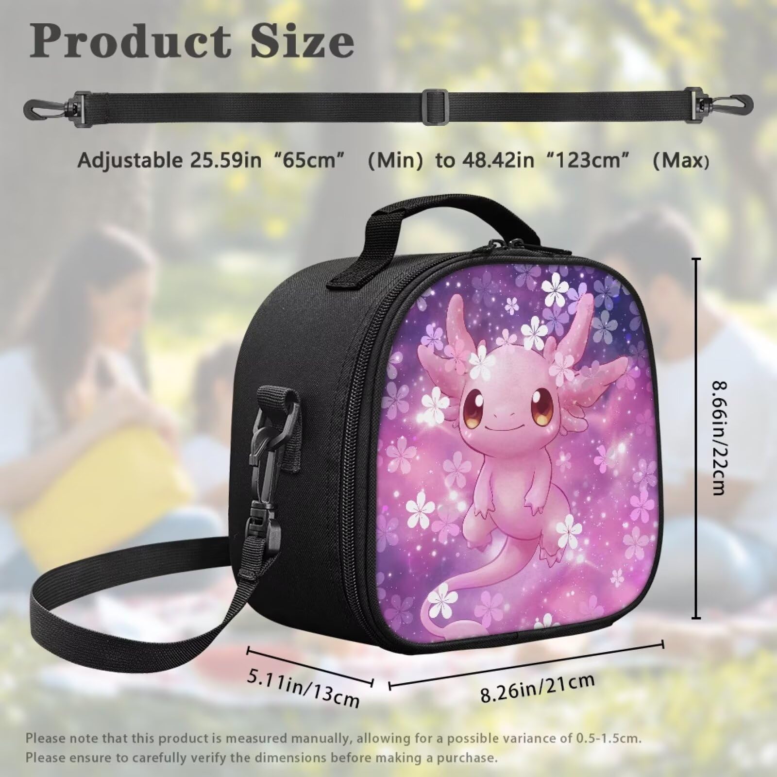 Cugasmaru Axolotl Lunch Bag for Girls Purple Floral Lunchbox for Girls School Lunchbox with Detachable Shoulder Strap Cute Lunch Box Kids Girl Lighweight Cooler Tote Bag for Picnic Work