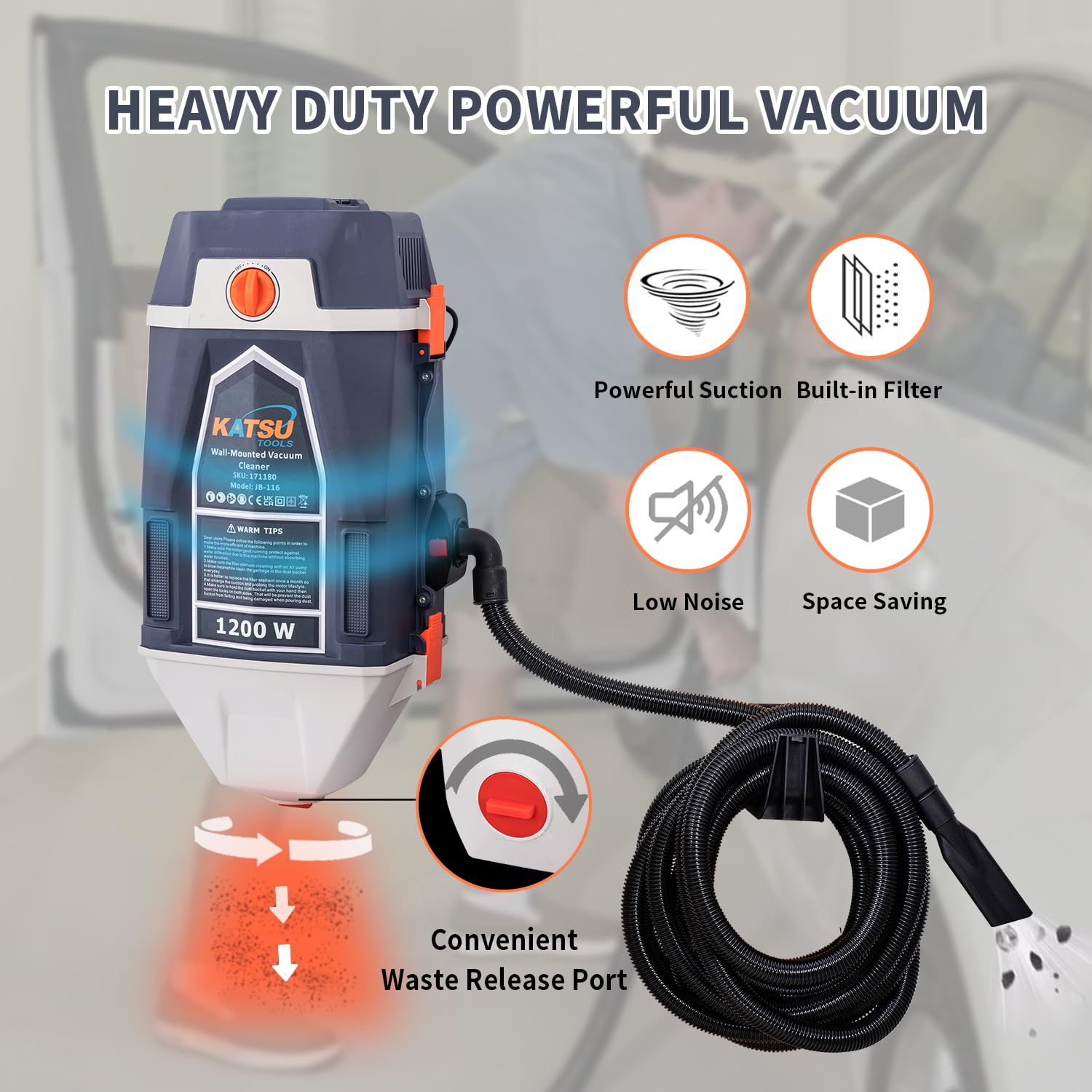 KATSU Tools Wandmontierter Garagenstaubsauger 25 Liter 1200W, Staubabsaugung und Gebläse für Auto und Werkstatt mit 10m Schlauch 171180