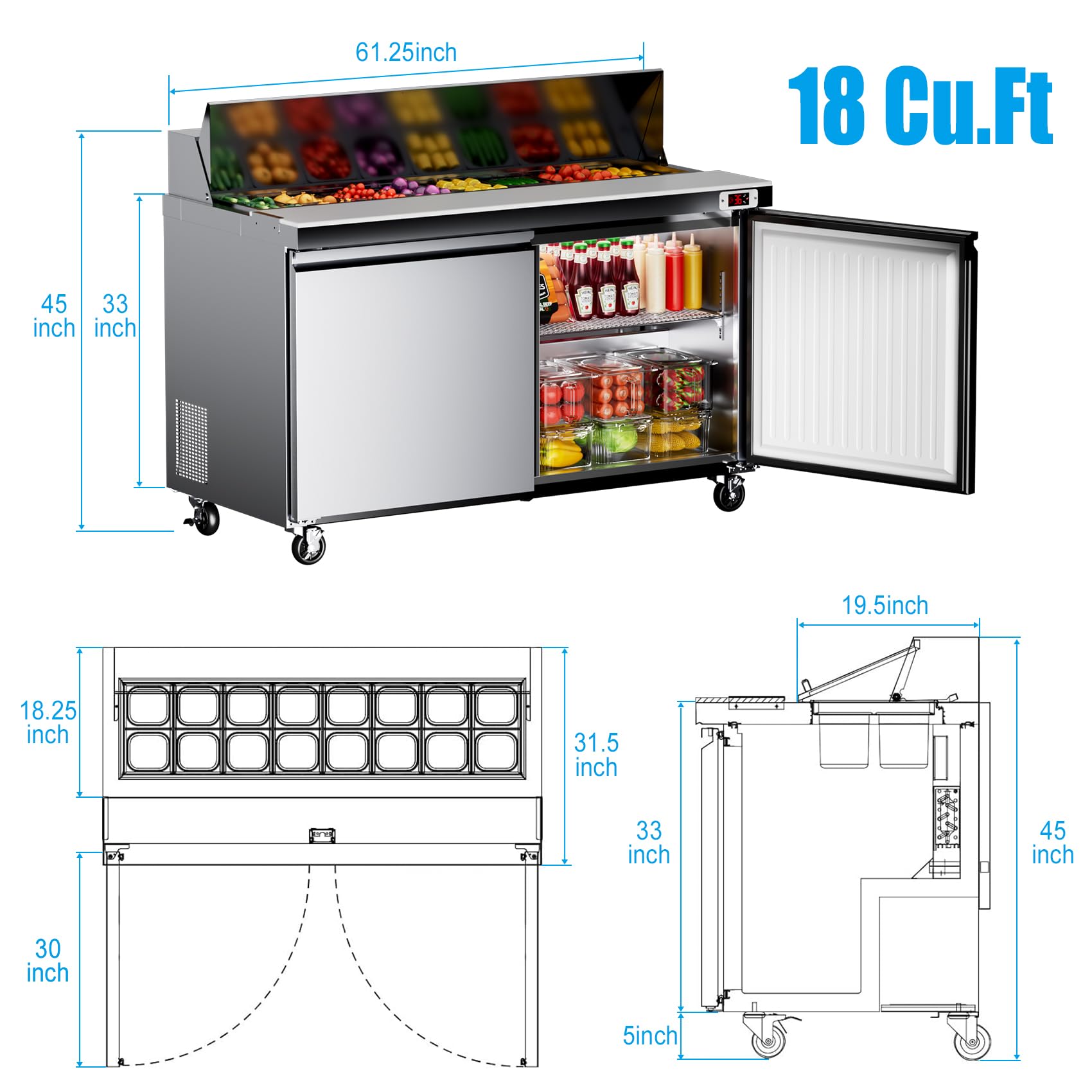 60" W Sandwich Salad Prep Table Refrigerator Commercial Refrigerator with 16 Pans Stainless Steel Fan Cooling Kitchen Equipment