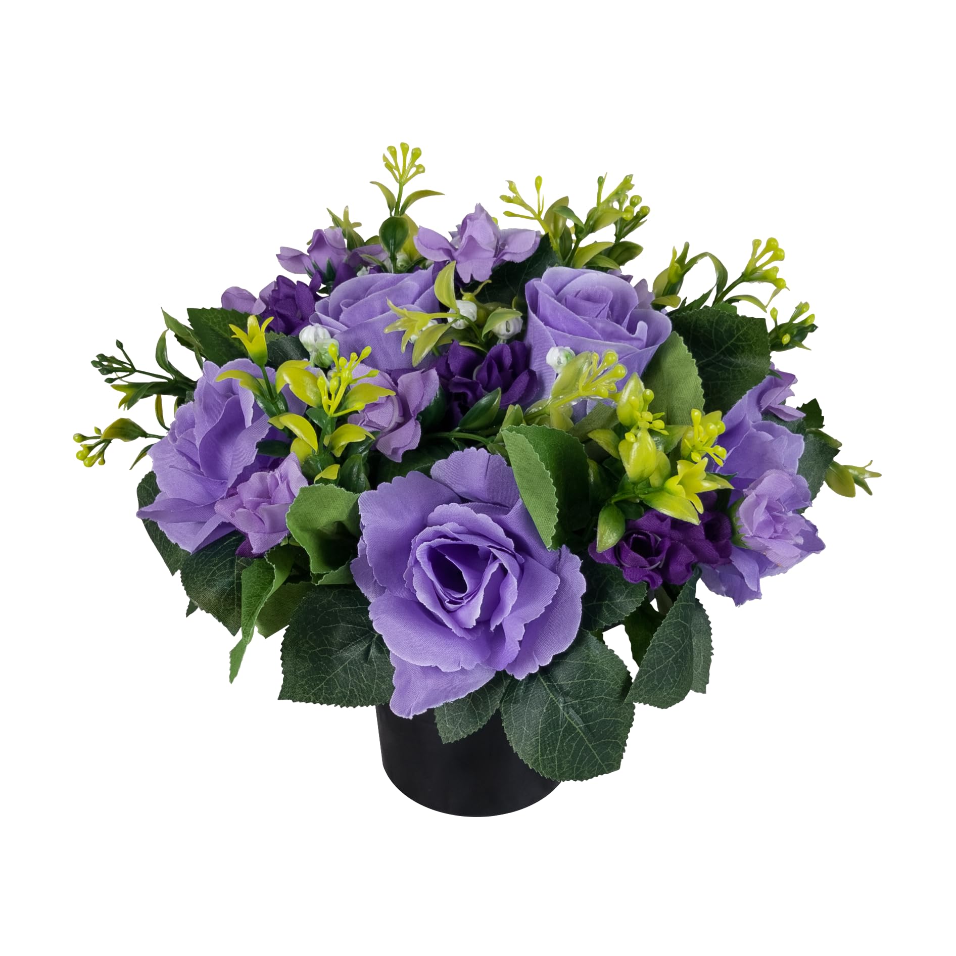 Artificial Flowers for Graves - Purple Roses Rosebud & Mini-Roses in Grave Flower Pot, Pre-Arranged Handmade Outdoor Cemetery Decoration Memorial