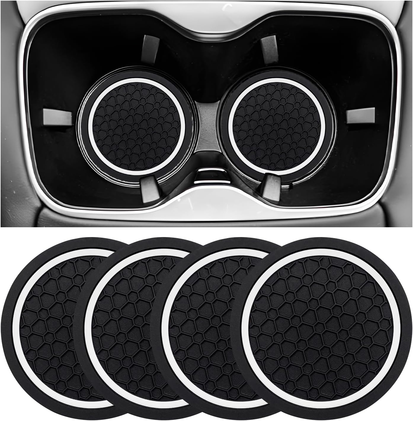 4PCS Car Cup Holder Coasters, 2.75 Inch Non-Slip Auto Coaster Waterproof Drink Mat, Universal Console Cup Holder Insert Anti Dust Water Bottle Pads for Cars, Trucks, SUVs (Black & White)