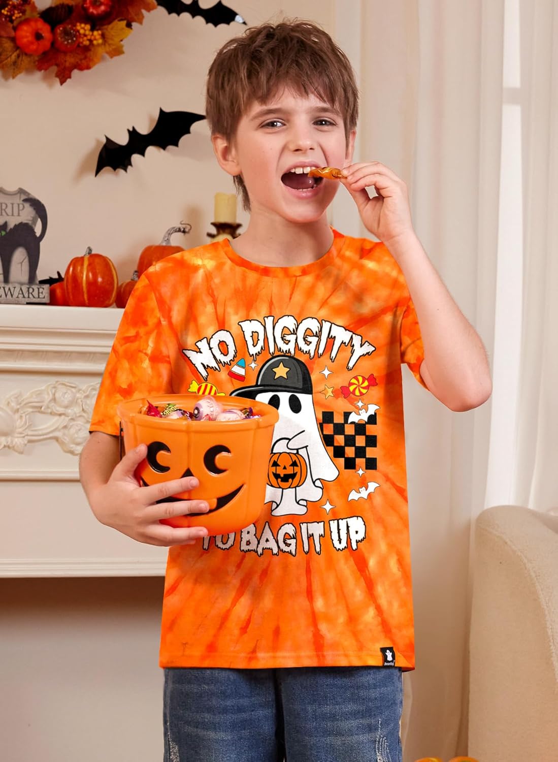 Big Girls & Boys Trendy Pumpkin Print Halloween Tee Shirt Cute Movie Night no Tie Dye Top Orange 9-10 Years - Image 5