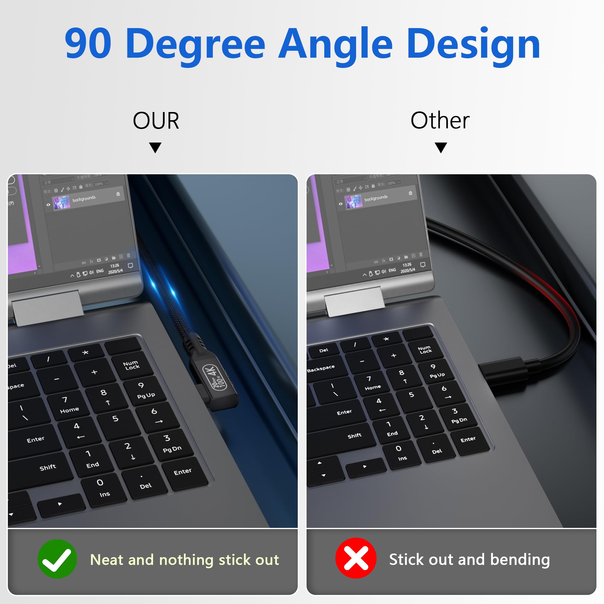Cable USB C a USB C de 90 grados de 16.5 pies, transferencia de datos de alta velocidad de 20 Gbps, cable de carga largo USB C en ángulo recto, cable de monitor USB-C USB-C, video 4K 60Hz