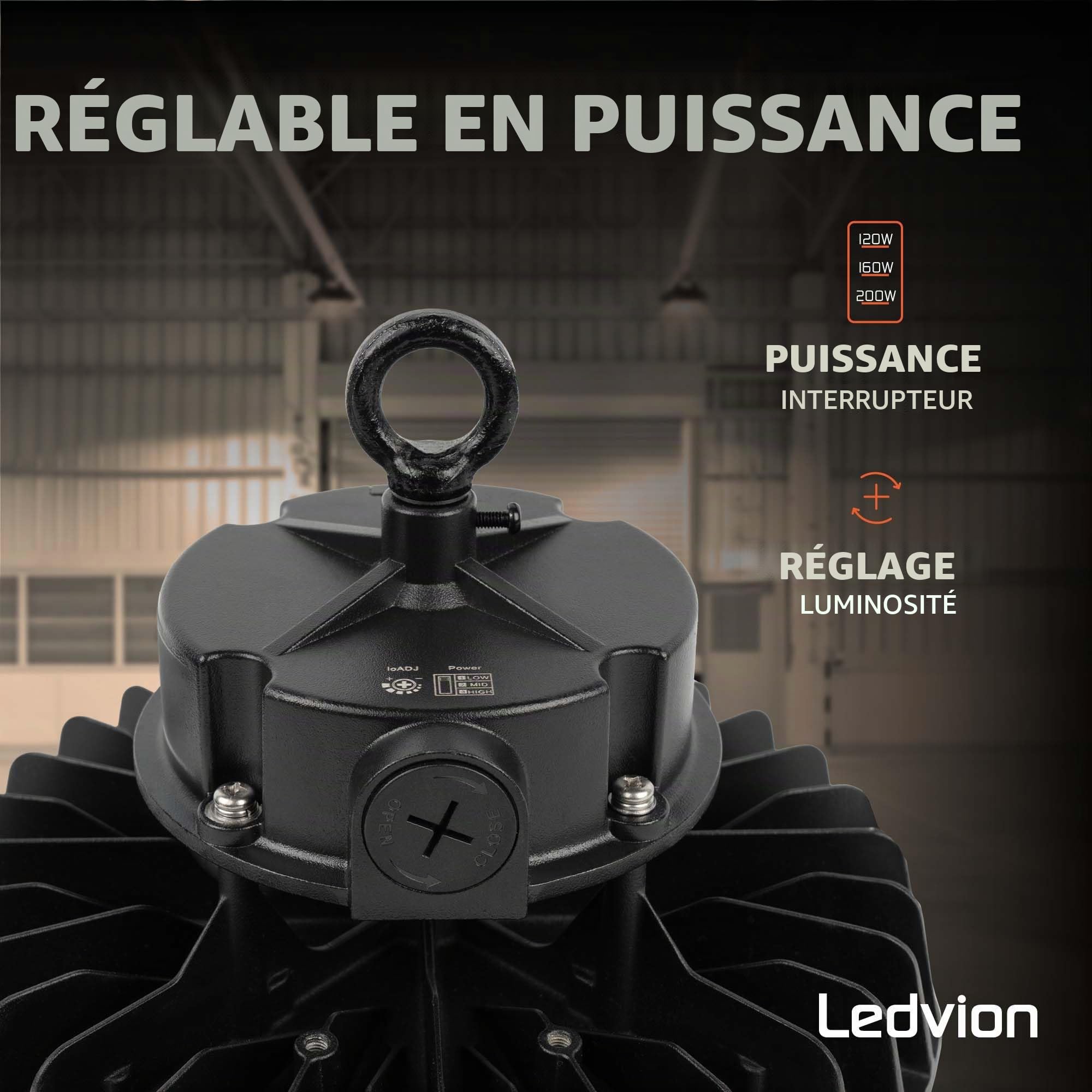 Ledvion LED High Bay Projecteur IP65 200-160-120W 175 lm 4000K dimmable