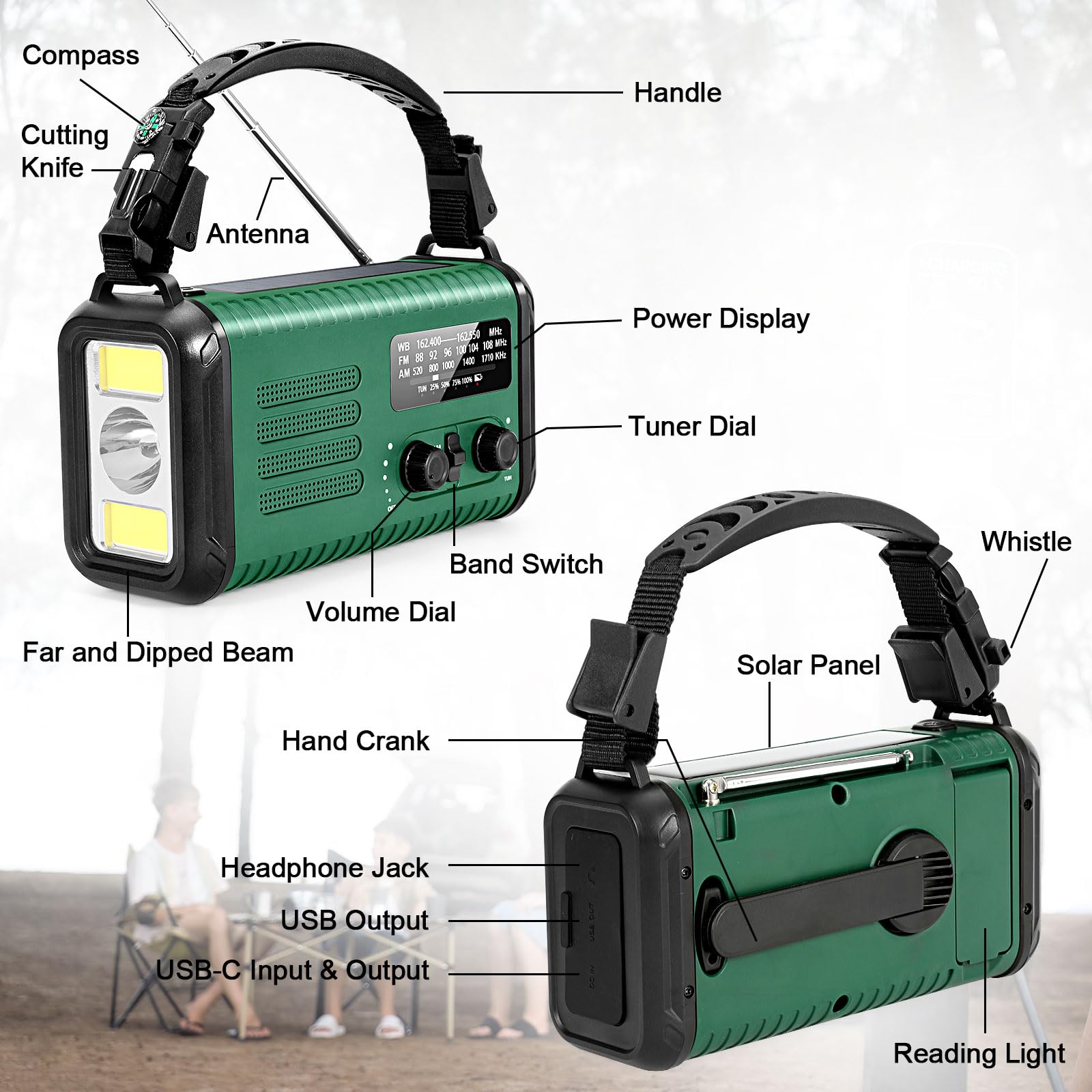 Radio solaire d'urgence 20 000 mAh avec manivelle, radio météo NOAA et chargeur USB – Banque d'alimentation portable, lampe de poche LED, alarme SOS (vert kaki)