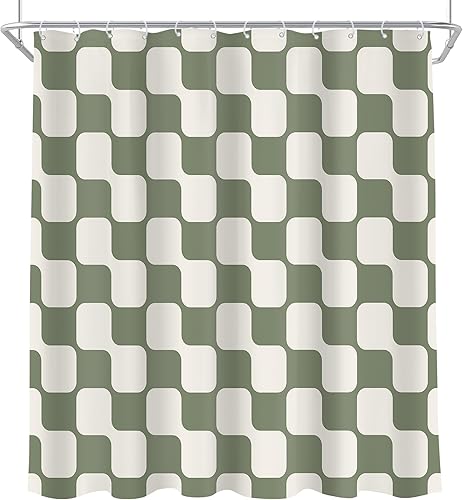 Miniatura 5 de Cinbloo Cortina de ducha retro verde salvia a cuadros de 72 pulgadas de ancho x 72 pulgadas de alto, abstracto, Y2K, lindo tablero de ajedrez beige,