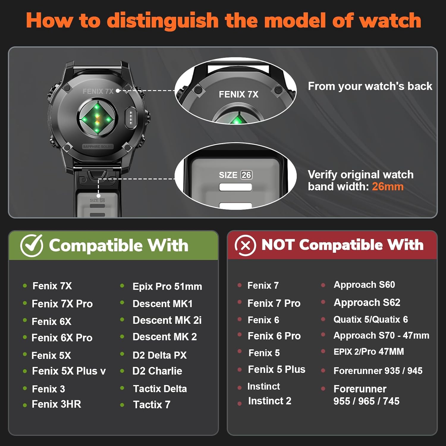 Quickfit 26mm Watch Bands for Garmin Fenix 8 51mm/7X/6X/5X, Sports Silicone Bands Compatible with Garmin Fenix 8 Pro 51mm/7X Pro/6X Pro/5X Plus/3/3HR/Descent MK1/MK2i Smartwatches - Image 7