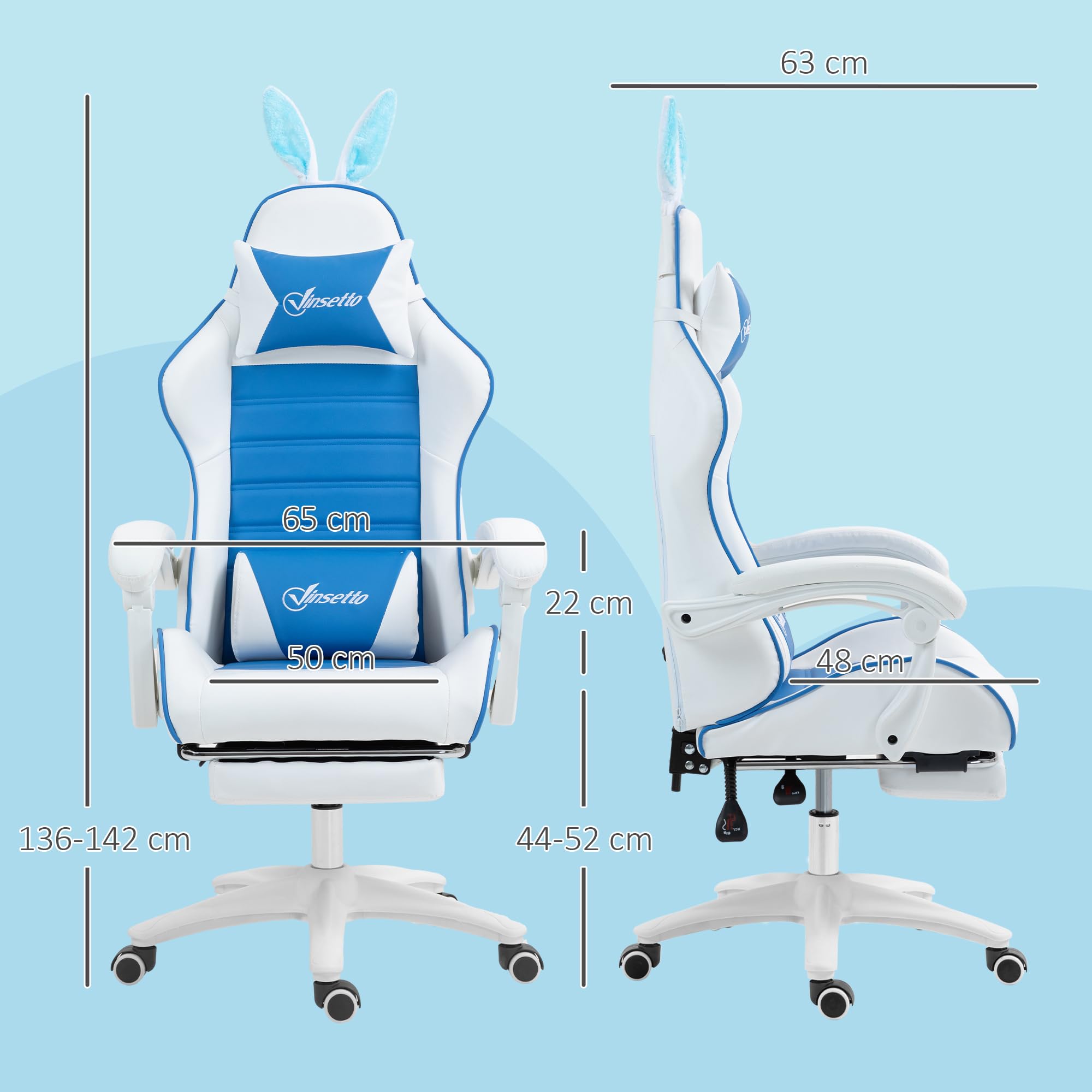 Vinsetto Sedia da Gaming reclinabile con poggiatesta e Supporto per legname, Sedia da Computer in Pelle PU con Orecchie di Coniglio Rimovibili, poggiapiedi, Blu