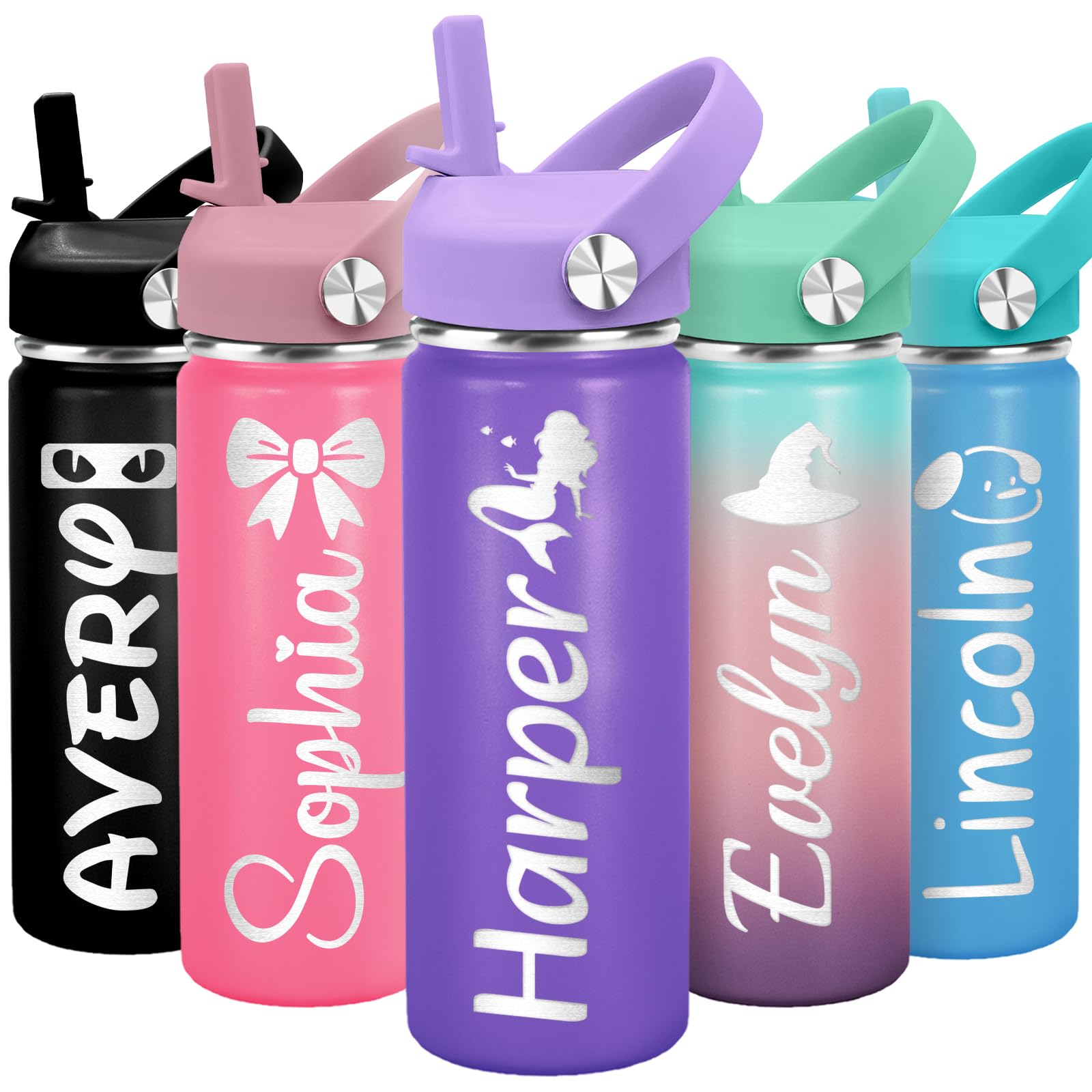Personalized Kids Water Bottle with Name Back to School Gifts for Boys Girls 18oz Custom Cup with Straw