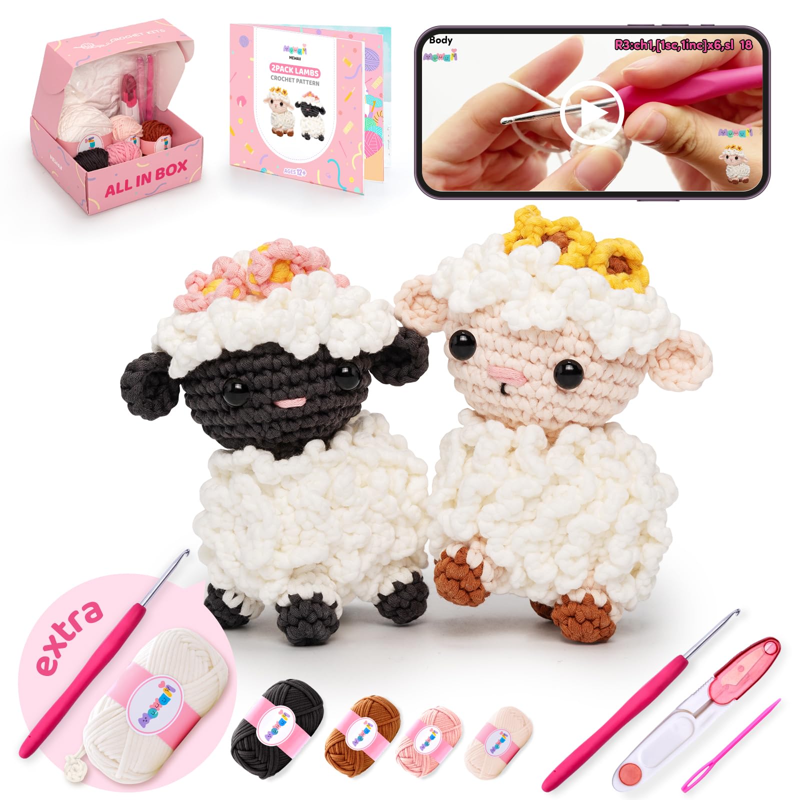 Mewaii Crochet Kit for Beginners, 2 Pack Lambs Craft Set