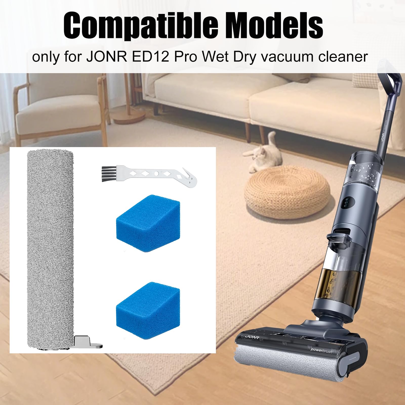 Replacement Roller Brush Sponge Filter Set only for JONR ED12 Pro Wet Dry Vacuum Cleaner, with 1 Cleaning Brush