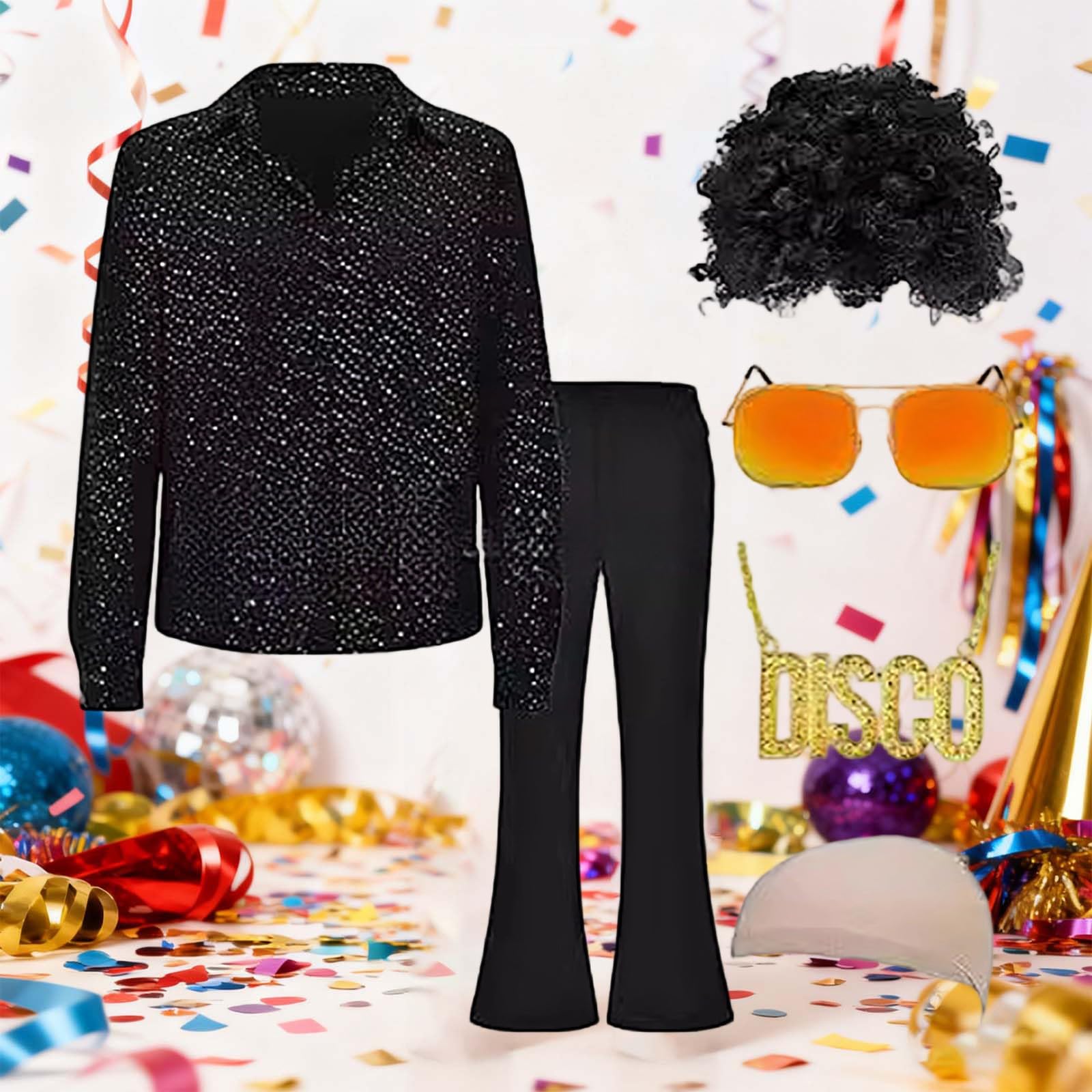Generisch 70er Jahre Disco Kostüm Set Hippie Herren 6 Stück Outfit mit Schlaghose Hemd Perücke Brille Halskette 80s Fasching Bekeidung für 50s 60s 70s Cosplay Halloween Party Karneval Outfit