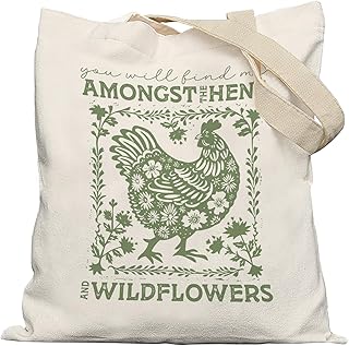Chicken Tote Bag, Farmhouse Hens and Wildflowers Cottagecore Canvas Tote Bags for Women, Reusable Grocery Bags