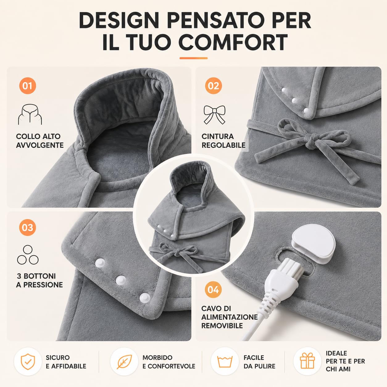 Termoforo Elettrico per Collo e Spalle, 60x90 cm, Spegnimento Automatico | Riscaldamento rapido in morbida flanella con livelli regolabili e design a mani libere per un comfort totale e sicuro.