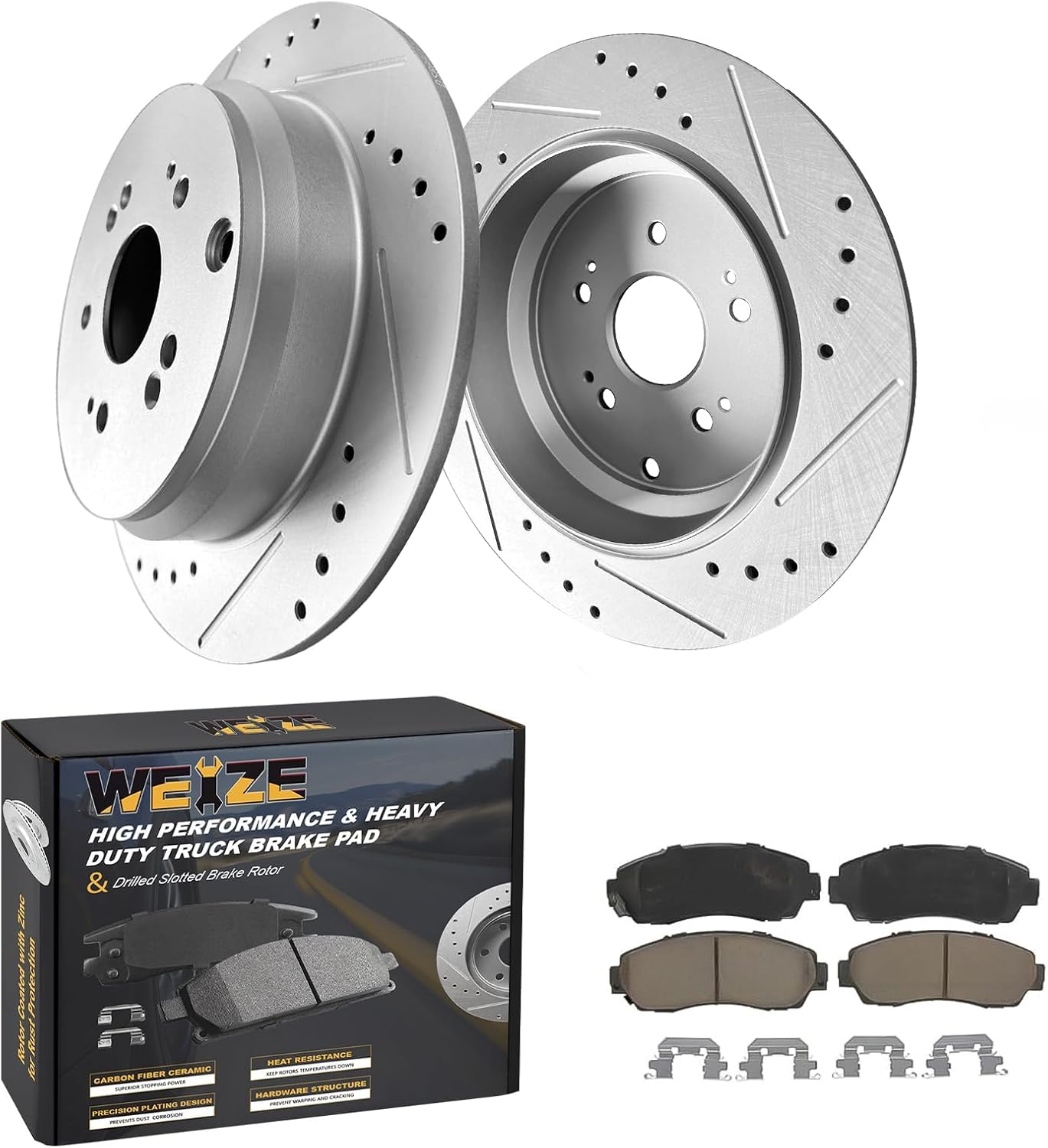 WEIZE Brake Kit Rear Brake Pads and Rotors Kit for Honda CR-V 2007-2016 AWD FWD Replacement Drilled and Slotted Disc Brake Rotors