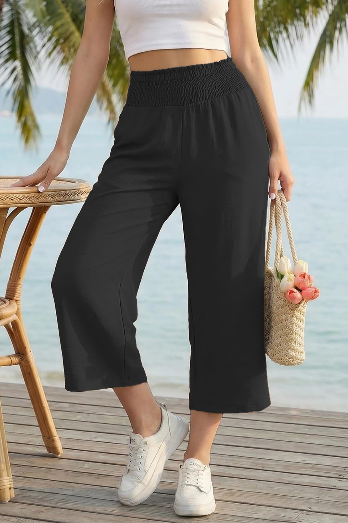 Damen 3/4 Culotte Hose Elastische Hohe Taille Sommerhose | Leichte Dreiviertel Caprihose mit Weitem Bein und Taschen