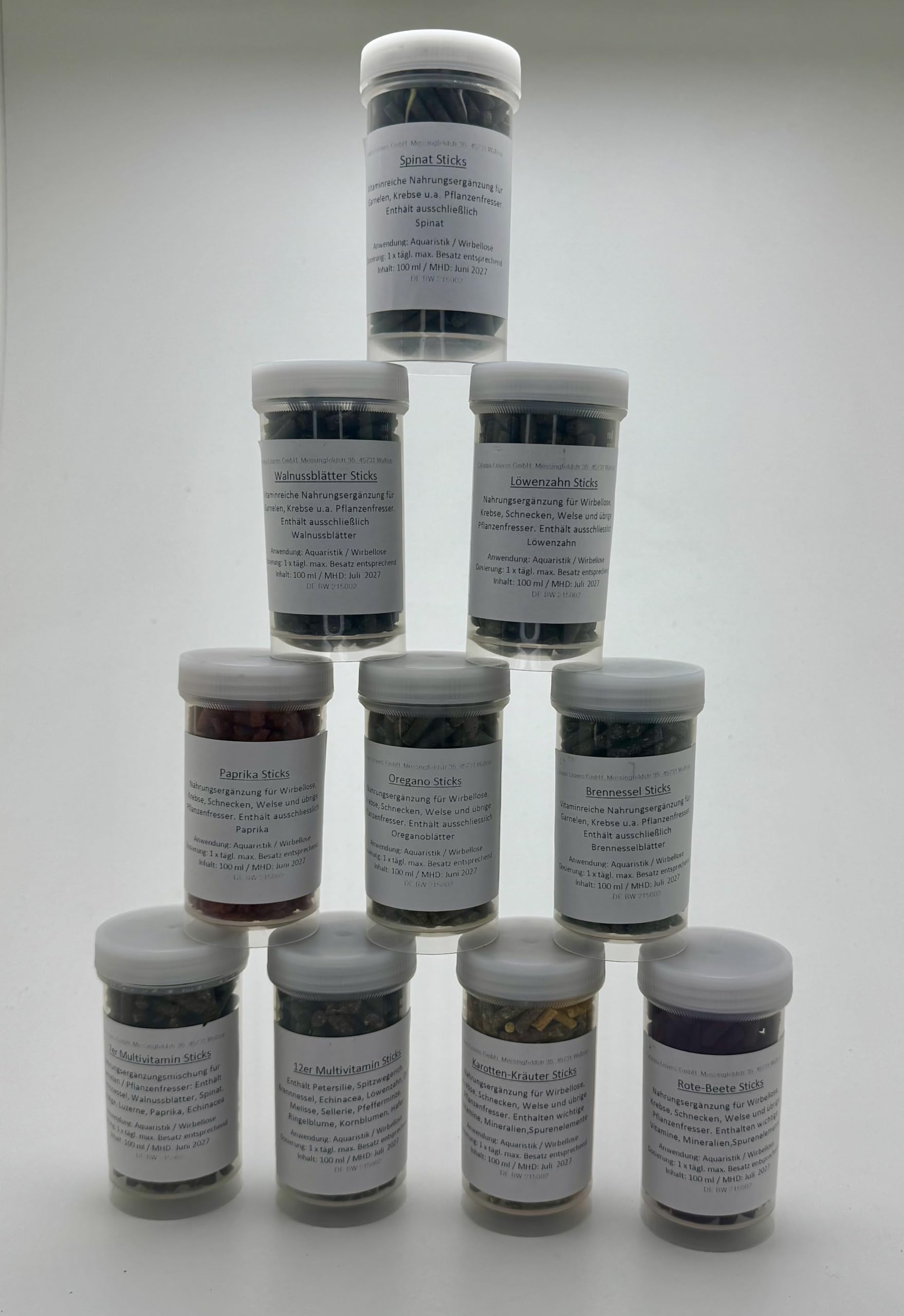 Garnelenfutter 10x100ml in praktischer Schraubdose (Brennnessel, Karotte, Löwenzahn, Oregano, Paprika, Rote Beete, Spinat, Walnuss, 7er und 12er Multivitamin) (alle 10 Sorten)