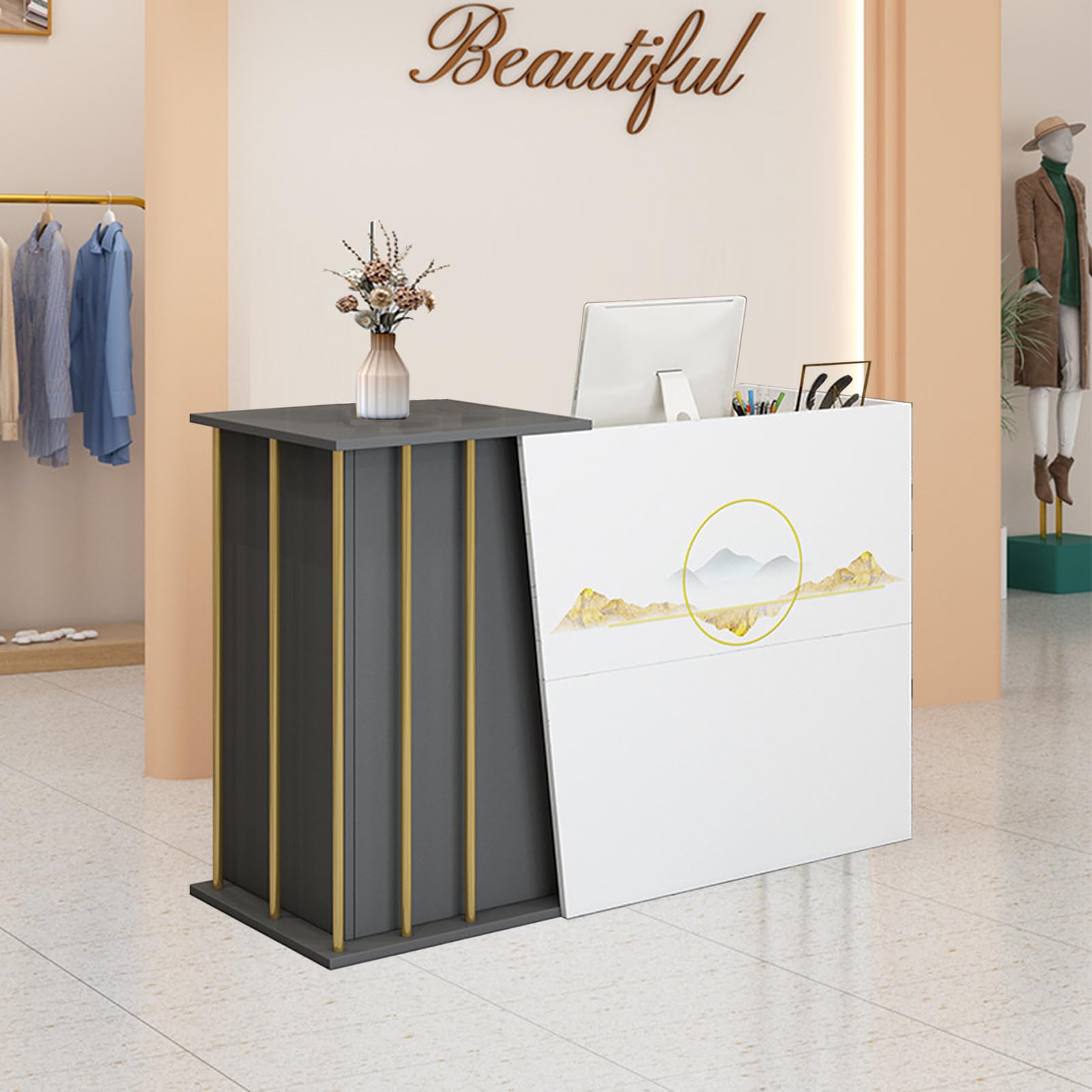 Empfangstheke Holzoptik, Empfangstresen mit Schreibtisch, Empfangstheke Salon Kosmetikstudio 100cm,120cm, 140cm Rezeption Tisch Verkaufstheke Ladentheke Tresen Grey 100cm