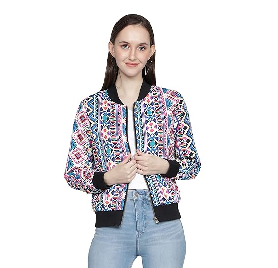Women Standard Length Polyester Floral Printed Bomber Jacket