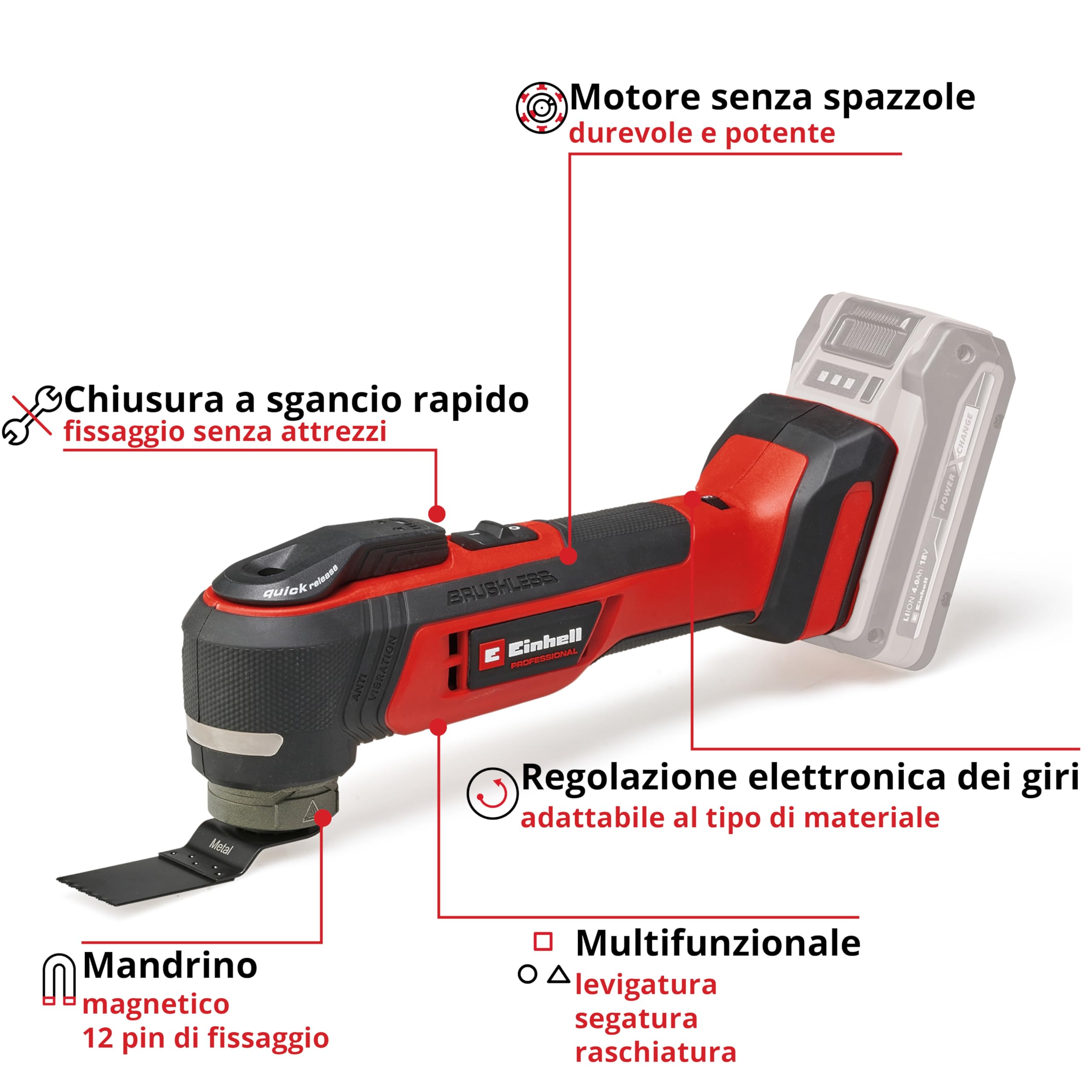 Einhell Professional utensile multifunzione TP-MG 18 Li BL-Solo Power X-Change (18 V, 3 funzioni, mandrino magnetico, accessorio incluso, batteria esclusa)