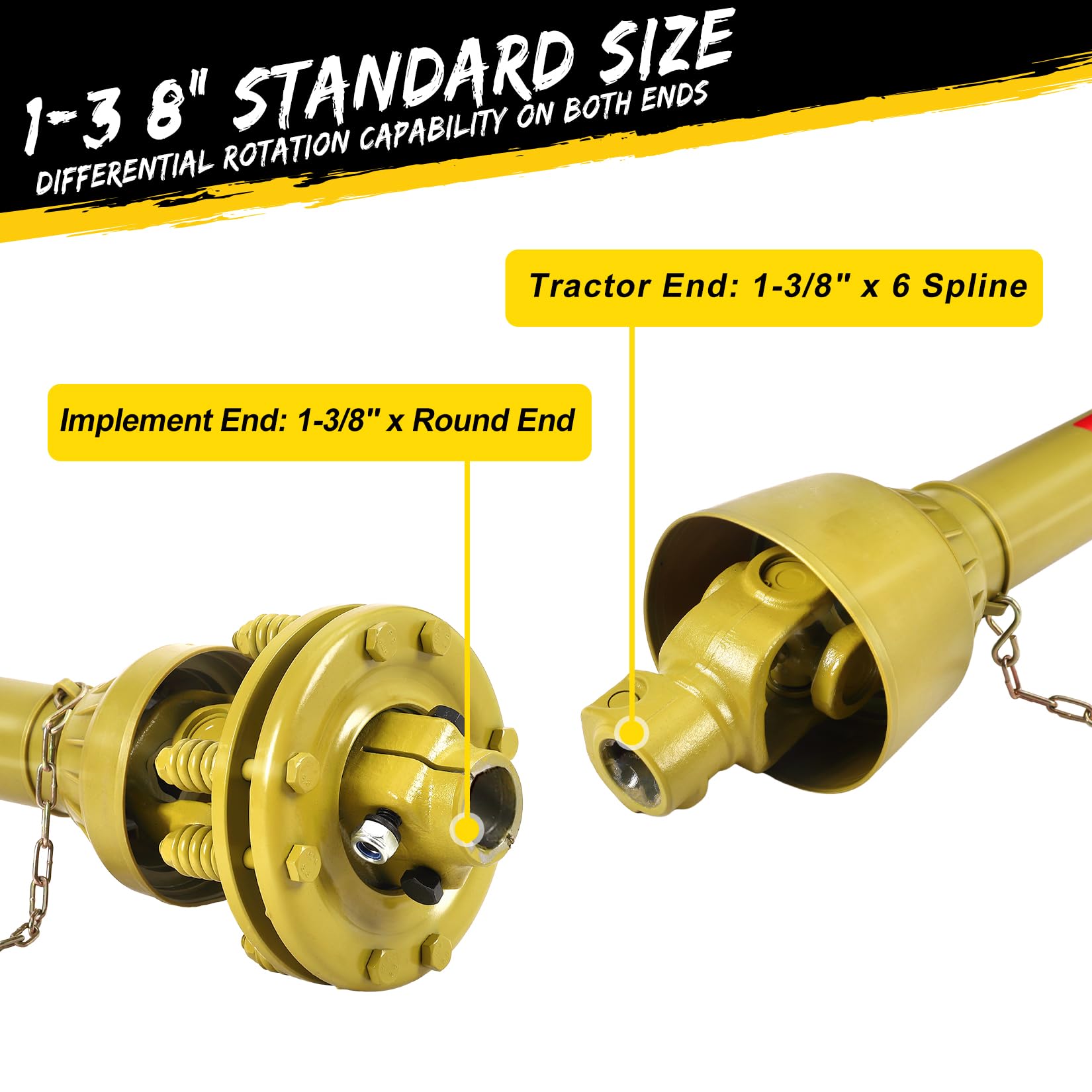 Garvee Eje de Transmisión Cardán para Tractor con Toma de Fuerza y Embrague de Fricción, Eje TDF Telescópico de Acero 45 de Alta Resistencia para Maquinaria Agrícola, 110-145 cm, Amarillo, Robusto