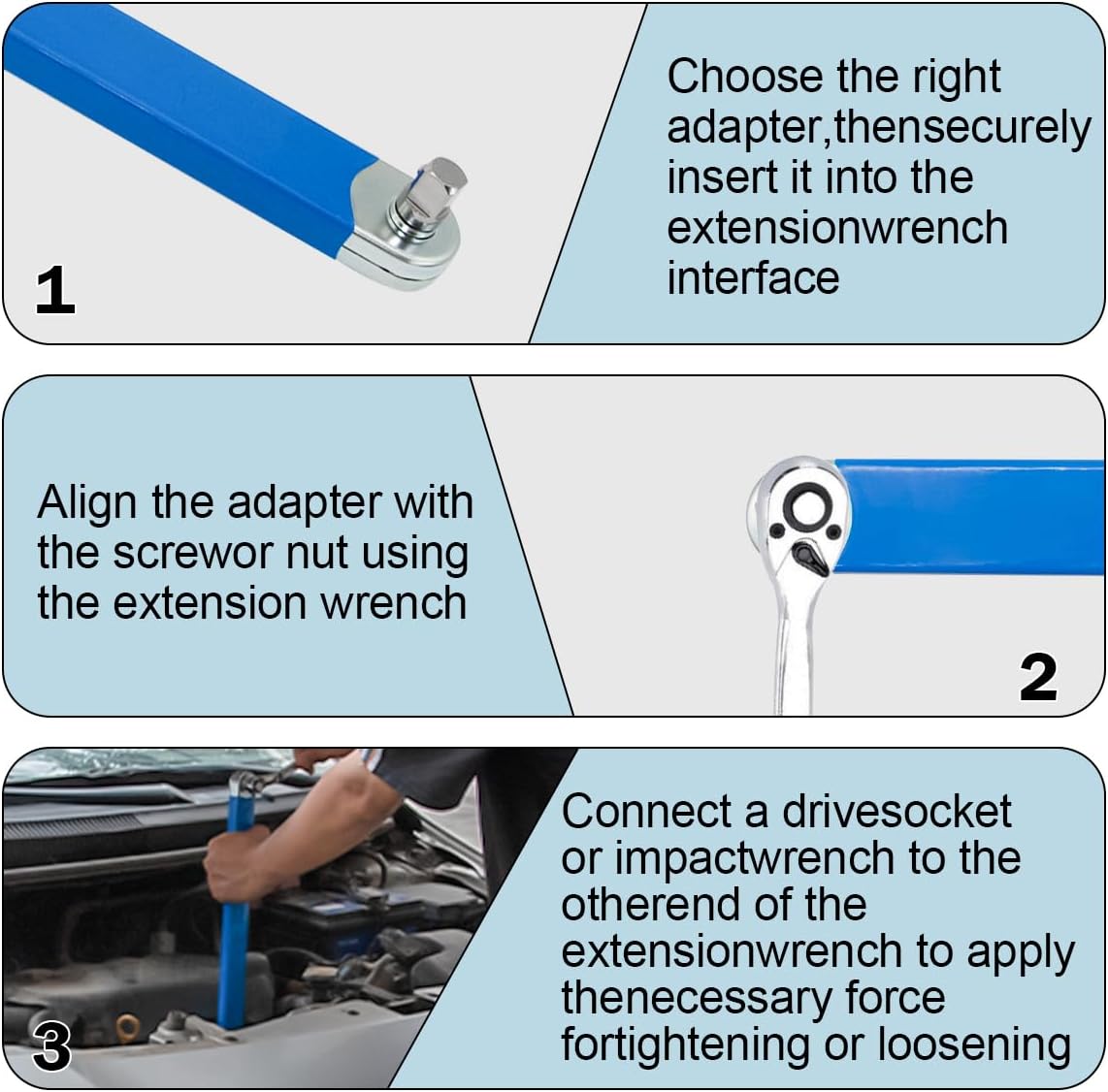 Offset Extension Wrench,15 inch Tight Reach Extension Wrench Set With 1/4", 3/8", And 1/2" Square Drive Adapters，Zero Degree Impact Ready Extension Wrench Tool