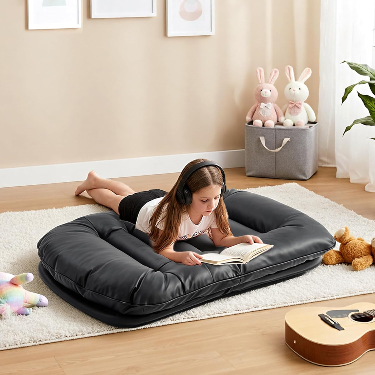 NEWBULIG Floor Chair Adjustable, Space Saving Accent Chair for Living Room & Bedroom, Comfy Reading & Meditation Chair, Compact Foldable Design for Easy Storage, Modern Faux Leather Black