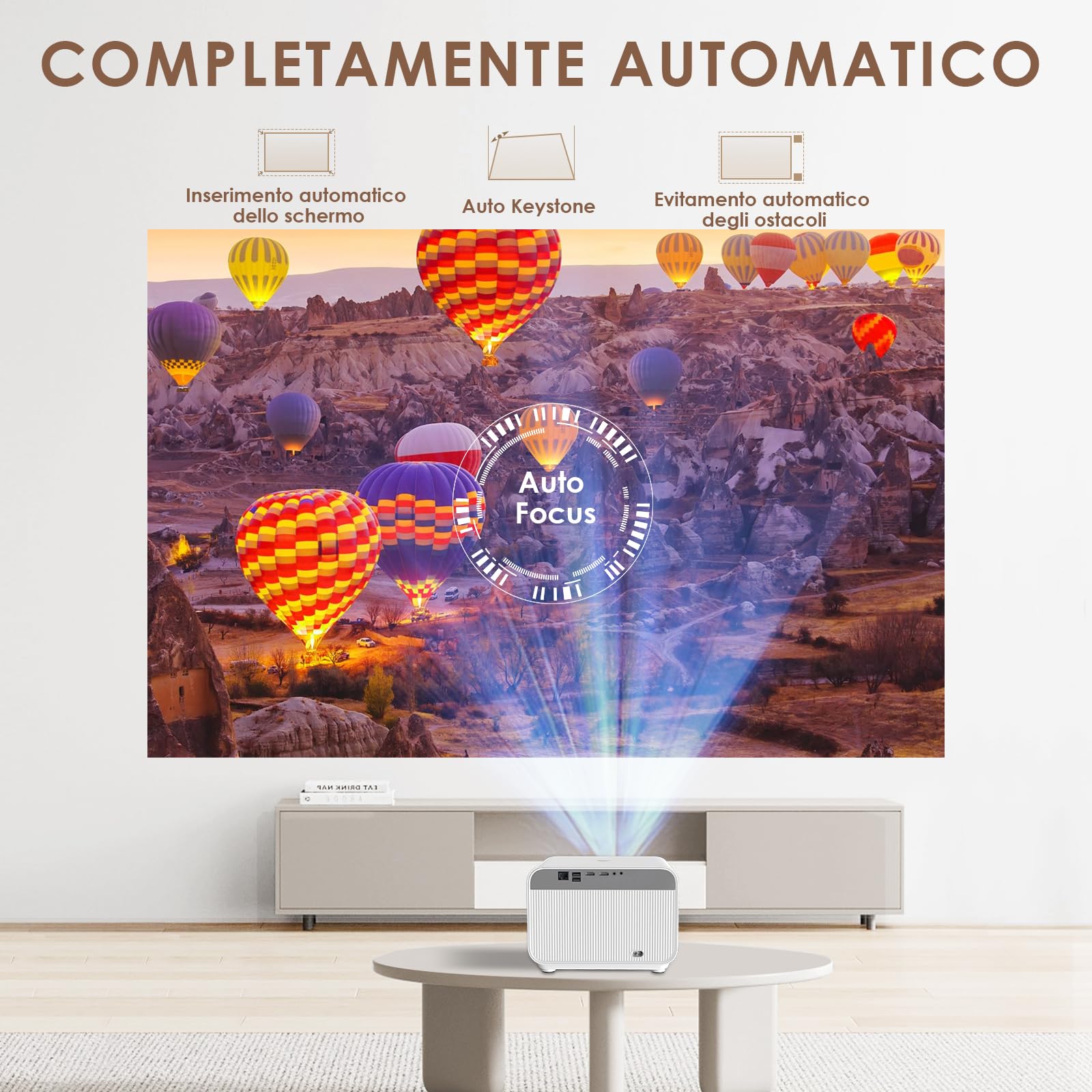 Proiettore【Auto Focus/Keystone & Android TV】1080P Full HD 700 ANSI, Proiettore 4K con Bluetooth e WIFI, FunFlix A1 Videoproiettore Zoom &300" per Home Theater per Smartphone/TV Stick/PS5/HDMI/USB