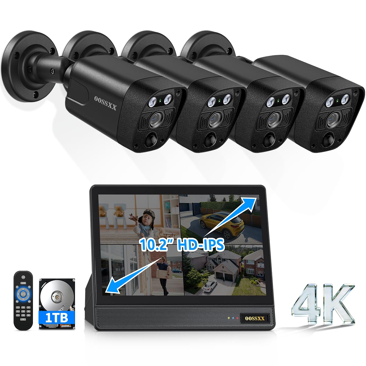 4K Wired PoE Security Camera System Outdoor, 8CH NVR with 10.2" IPS Monitor