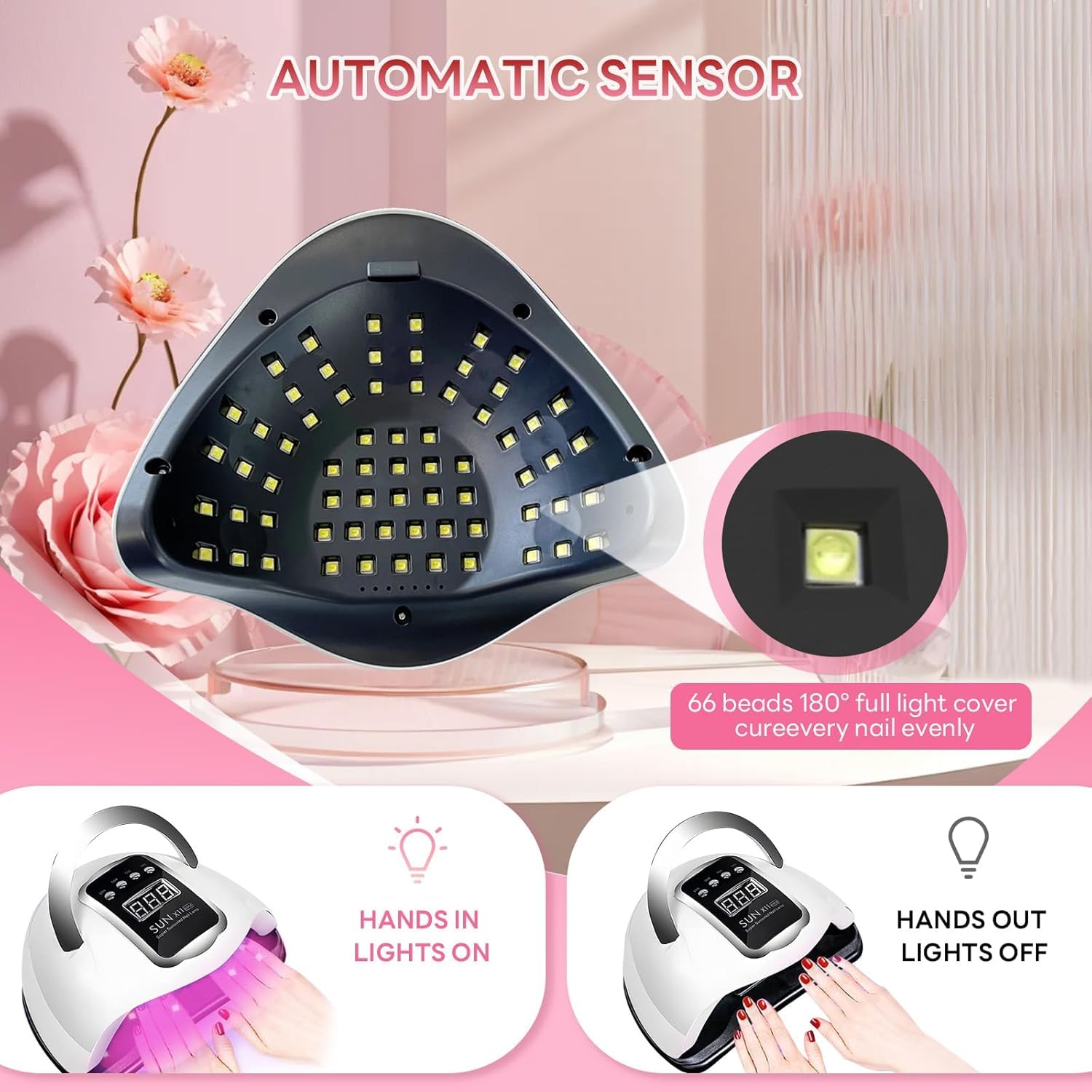 Lampe à ongles UV LED 280 W - Pour vernis à ongles gel - Avec 66 perles de lampe et capteur automatique - 4 réglages de minuterie - Outils de nail art professionnels