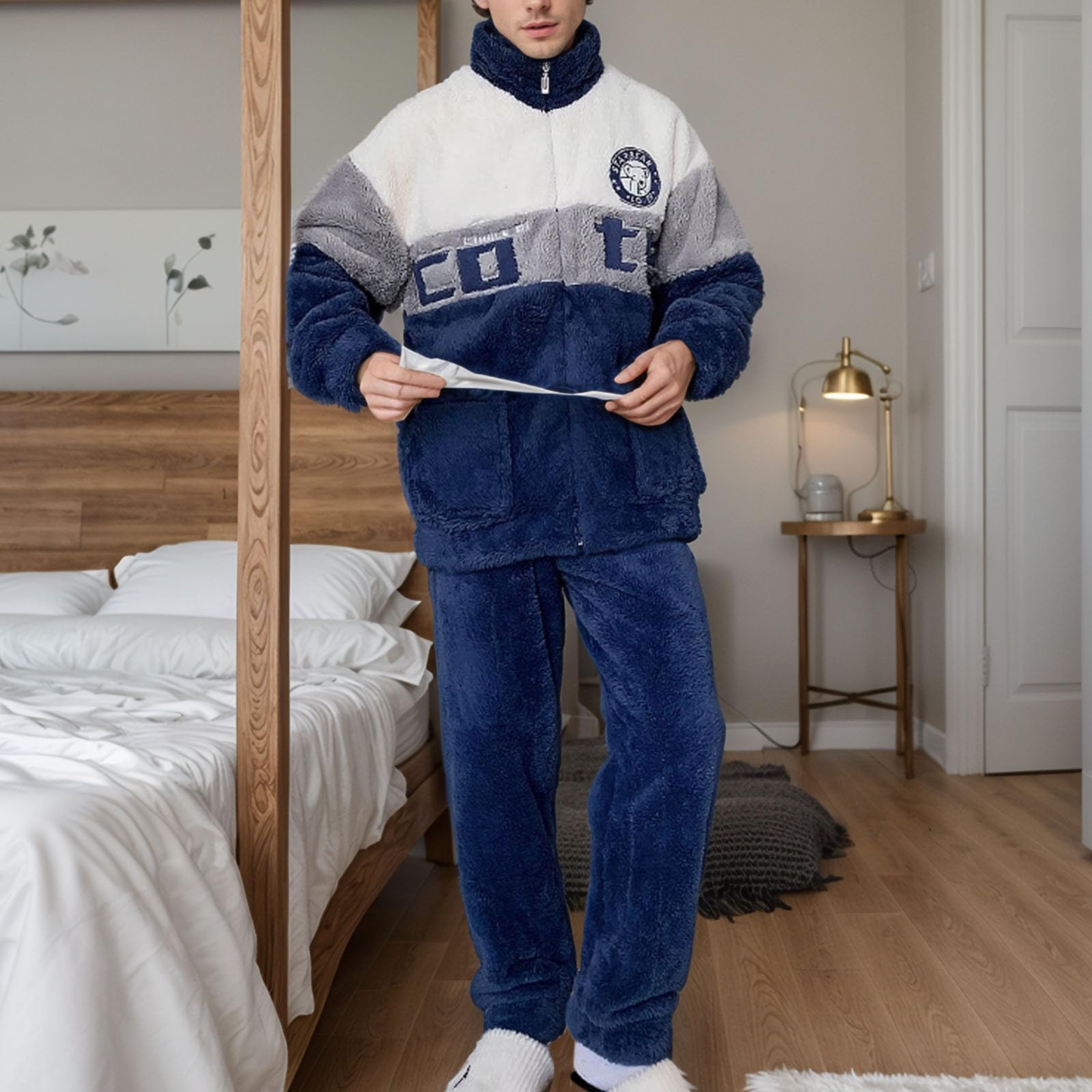 Herren Pyjama Frühling Und Autumn Sleepwear Set Lange Thermo Loungewear Bequeme Atmungsaktiv T-Shirt Einfarbiger/Karierter Pyjamahose Weich Nachtwäsche Schlafanzüge für Männer