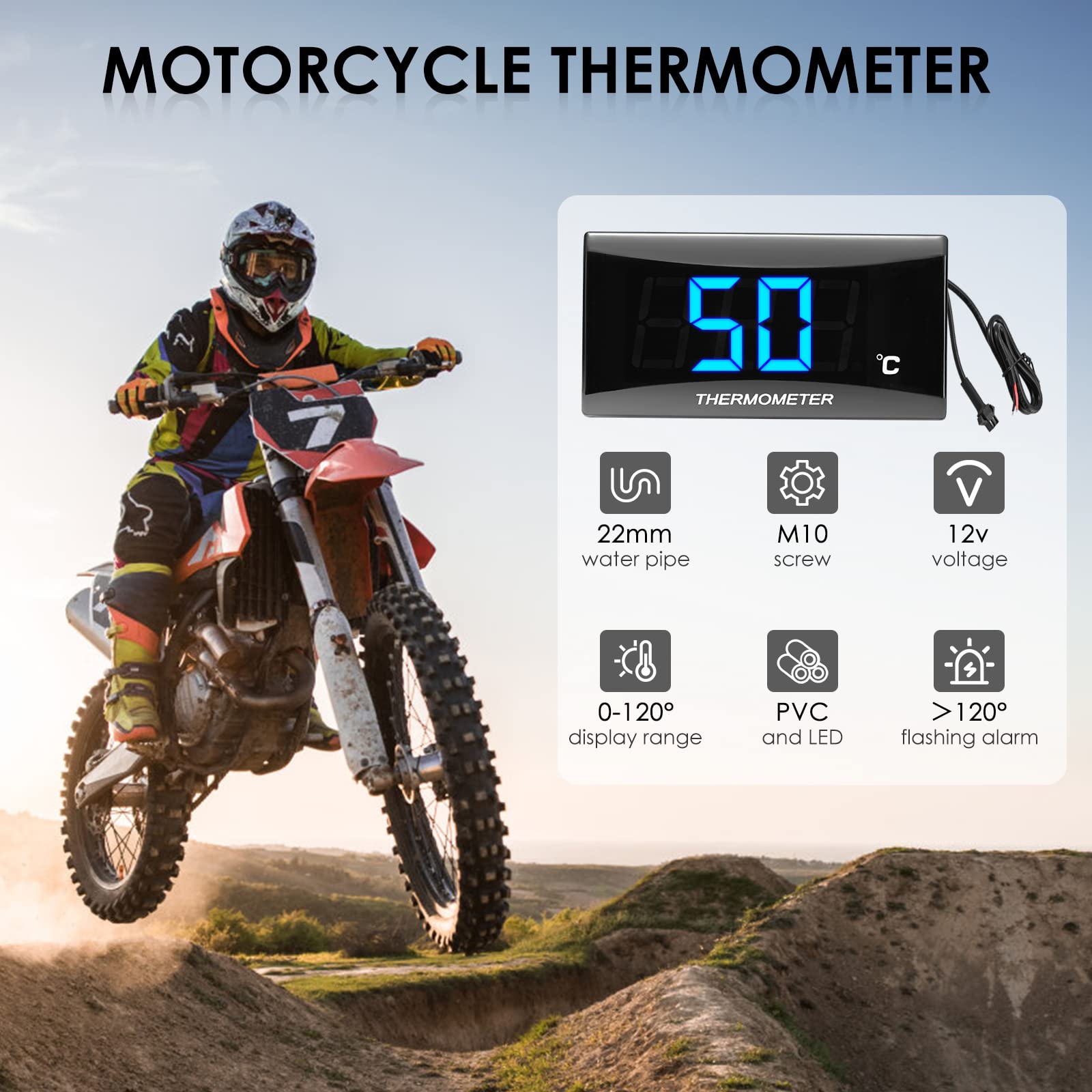 Thermomètre Numérique Universel pour Moto avec 18/22mm Adapter, Capteur de Température de sonde en métal, étanche LED affichage numérique capteur de température lumière bleue pour KOSO (bleu, 22mm)