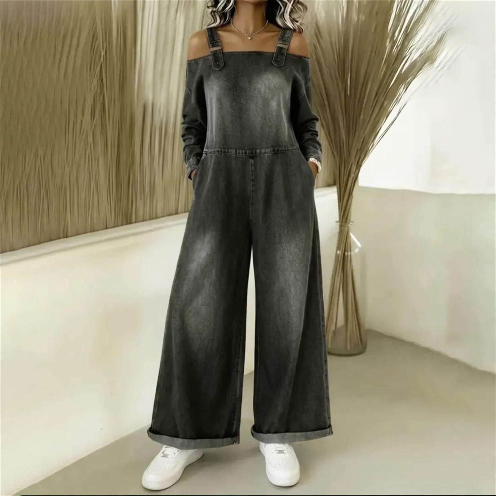 Generisch Salopette da donna in jeans lunga, stile vintage, a maniche lunghe, con bretelle