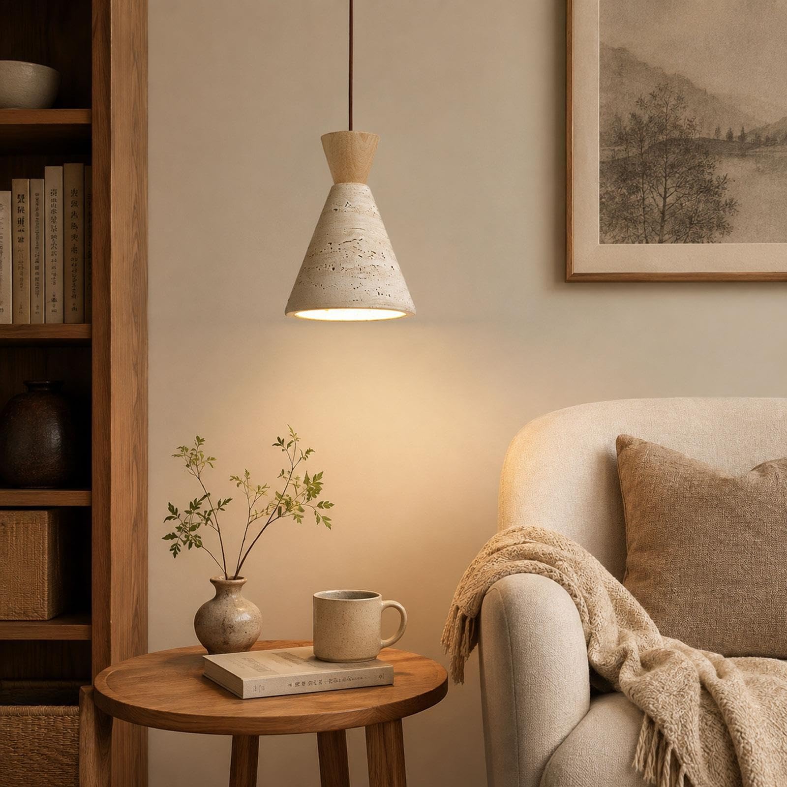 Stożkowa lampa wisząca z trawertynu, kamienny spot nocny