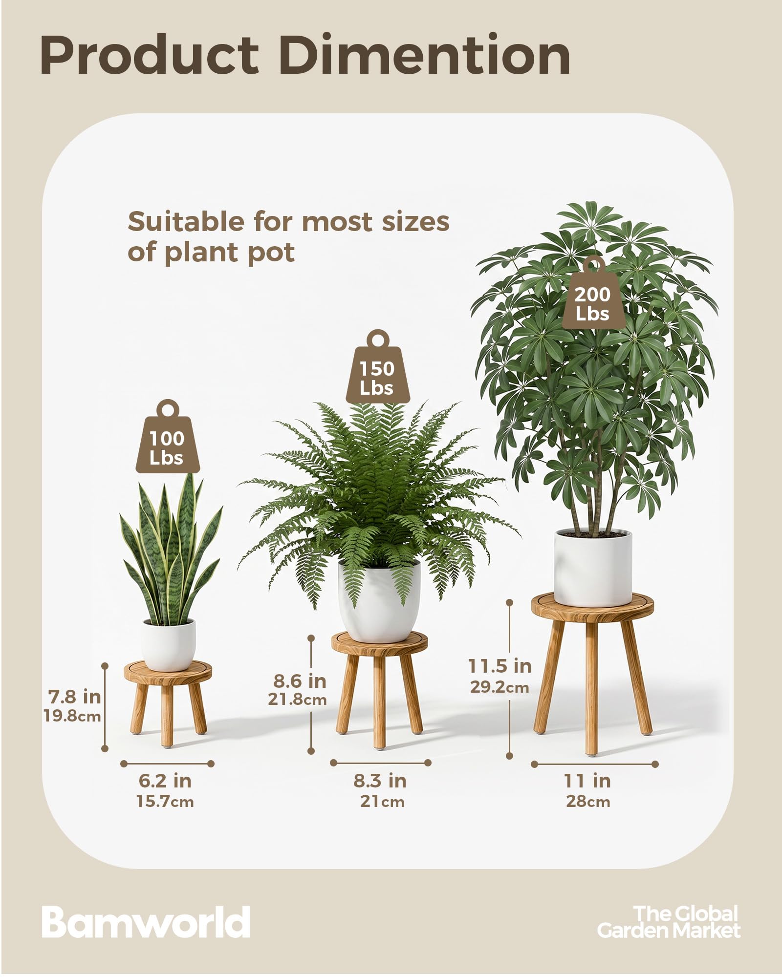 Bamworld Supporto per Piante da Interno, Confezione da 3 Supporti per Piante Singole, per Più Piante, ad Angolo, in Legno, per Patio, Giardino, Balcone, Soggiorno, Camera da Letto (Natura)