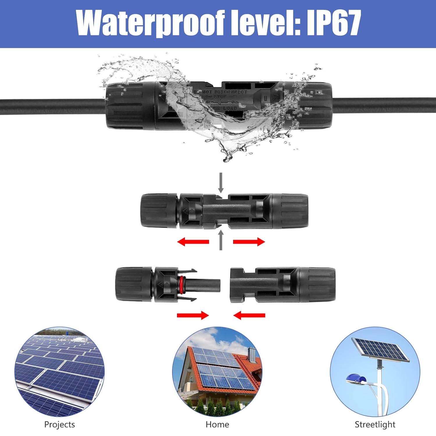 50PCS Solar Connectors, 25 Pairs with 2 Pack Wrenches - IP67 Waterproof, 1000V 30A Male/Female, Multi-Contact, 4 Connectors for 2.5/4/6mm Solar Panels